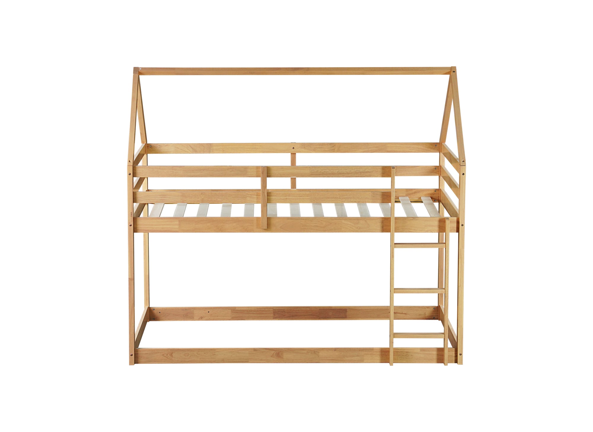 White Oak Twin Over Twin Rubber Wood House-Shaped Bunk Bed with Ladder & Guardrails