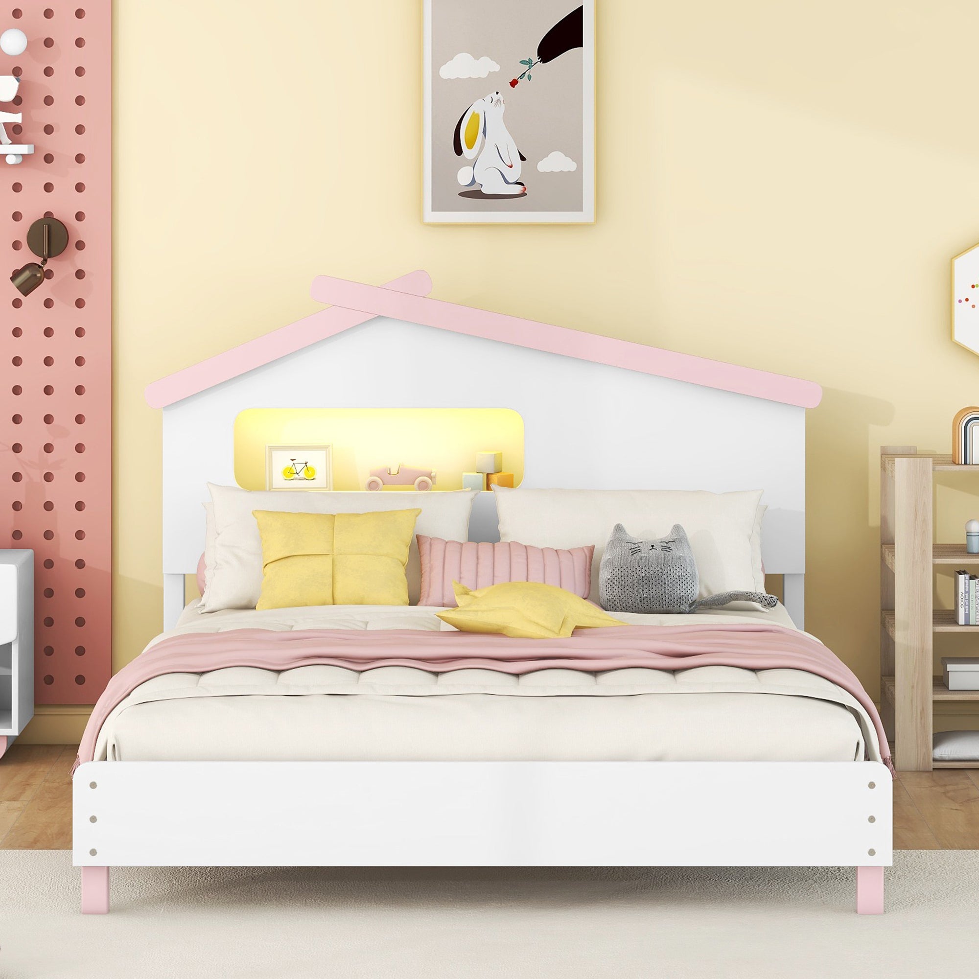 Full Size Wood Platform Bed with House Headboard and Night Lights In White Pink