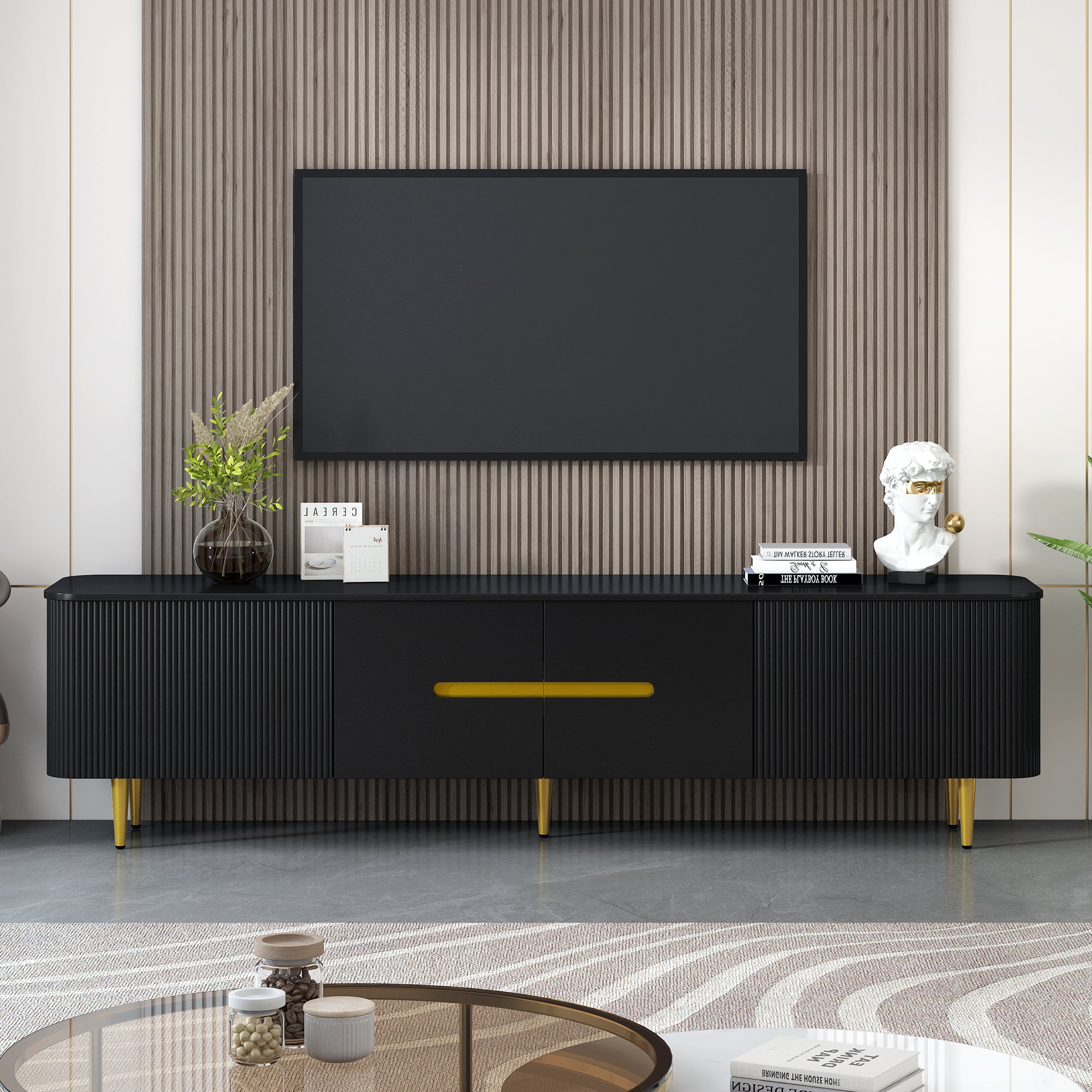 Minimalist TV Stand for TVs Up to 85 Inches with 4 Spacious Cabinets In Black