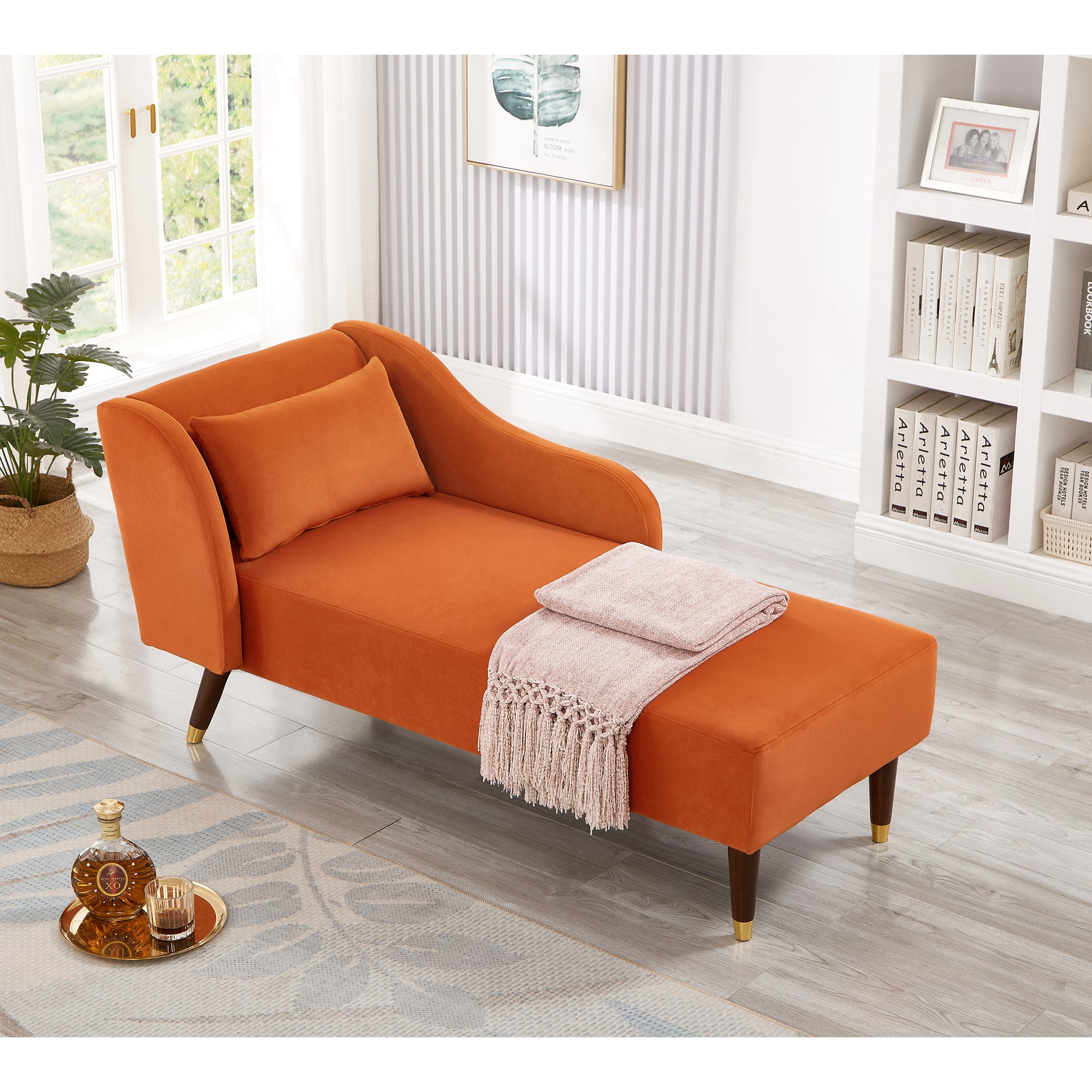 Modern Orange Velvet Chaise Lounge