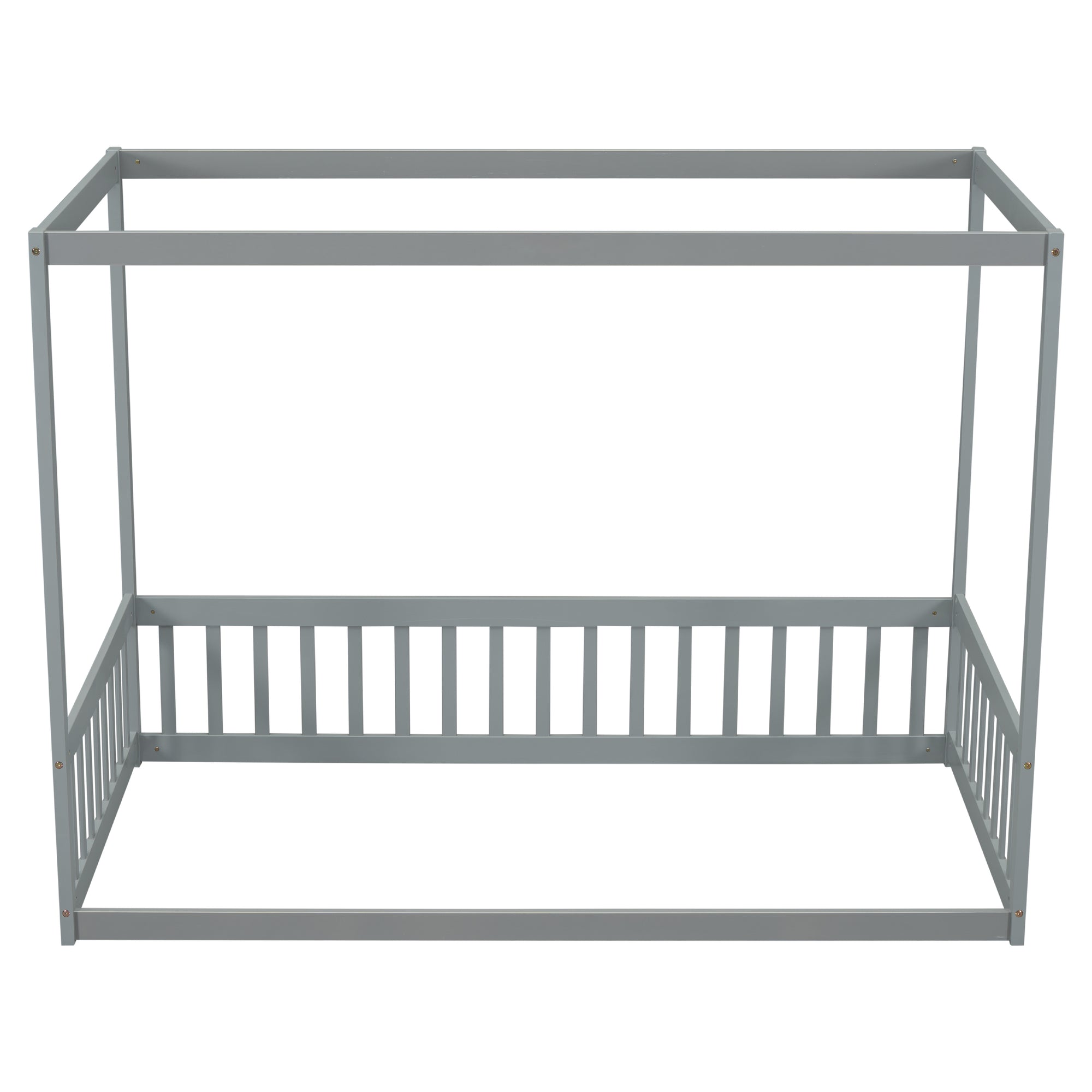 Gray Twin Size Canopy Frame Floor Bed with Fence and Guardrails