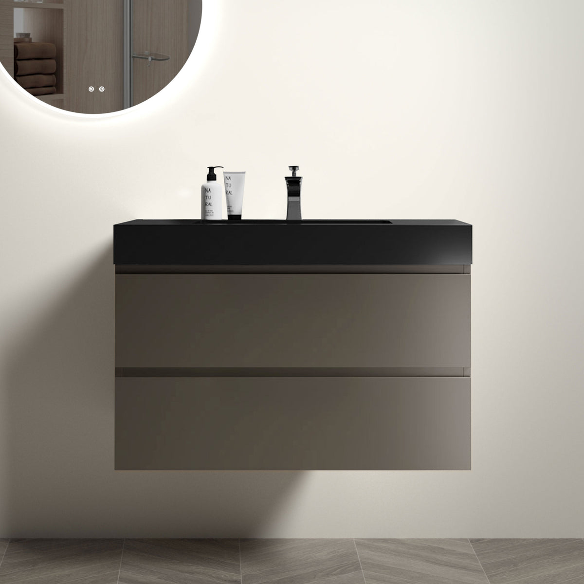 36 Inch Gray Bathroom Vanity with Sink Large Storage Wall Mounted Design One-Piece Black Sink Basin Pre-assembled In Gray