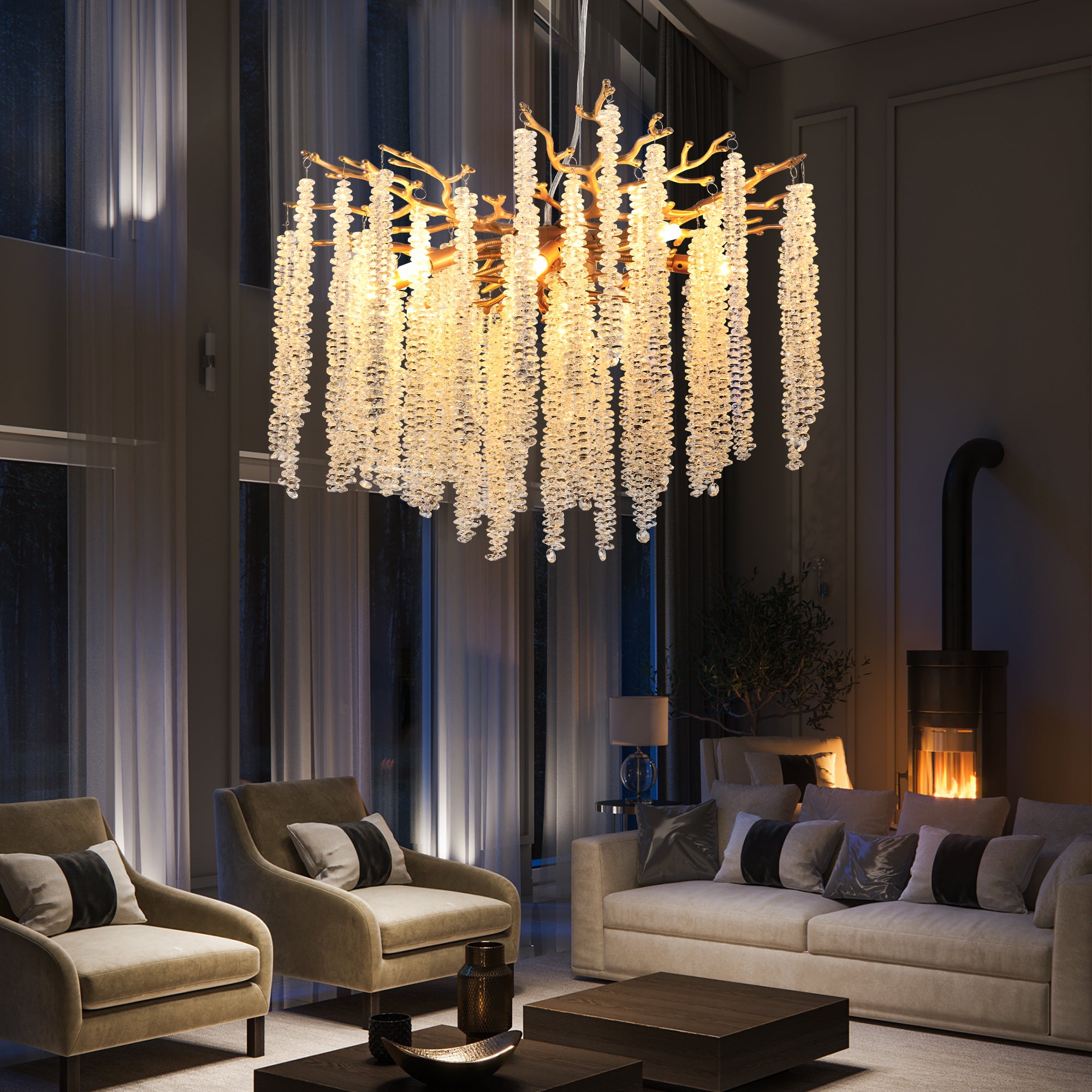 Modern Golden Pendant Light with Cascading Crystal Strands