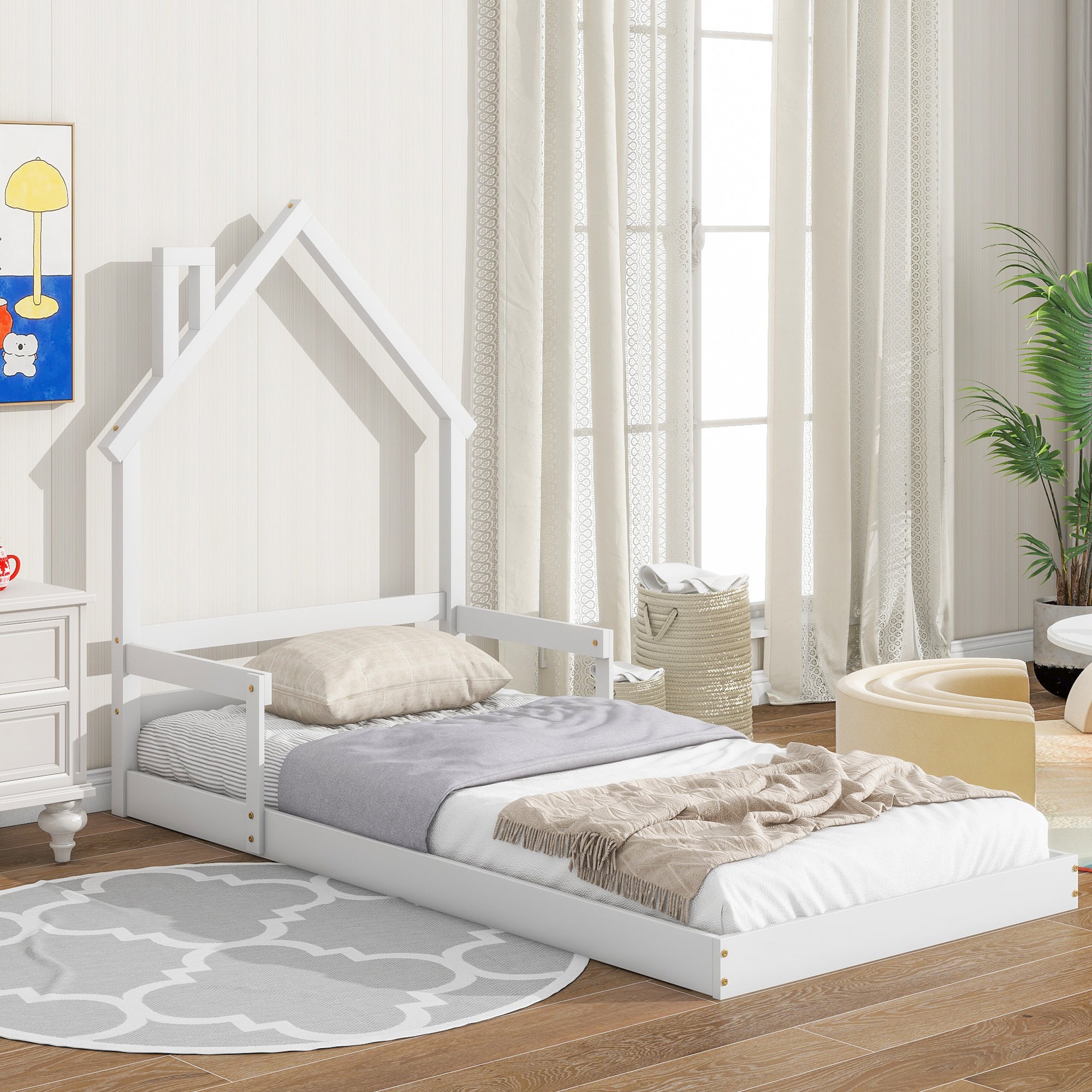 White Twin House-Shaped Headboard Toddler Floor Bed with Handrails