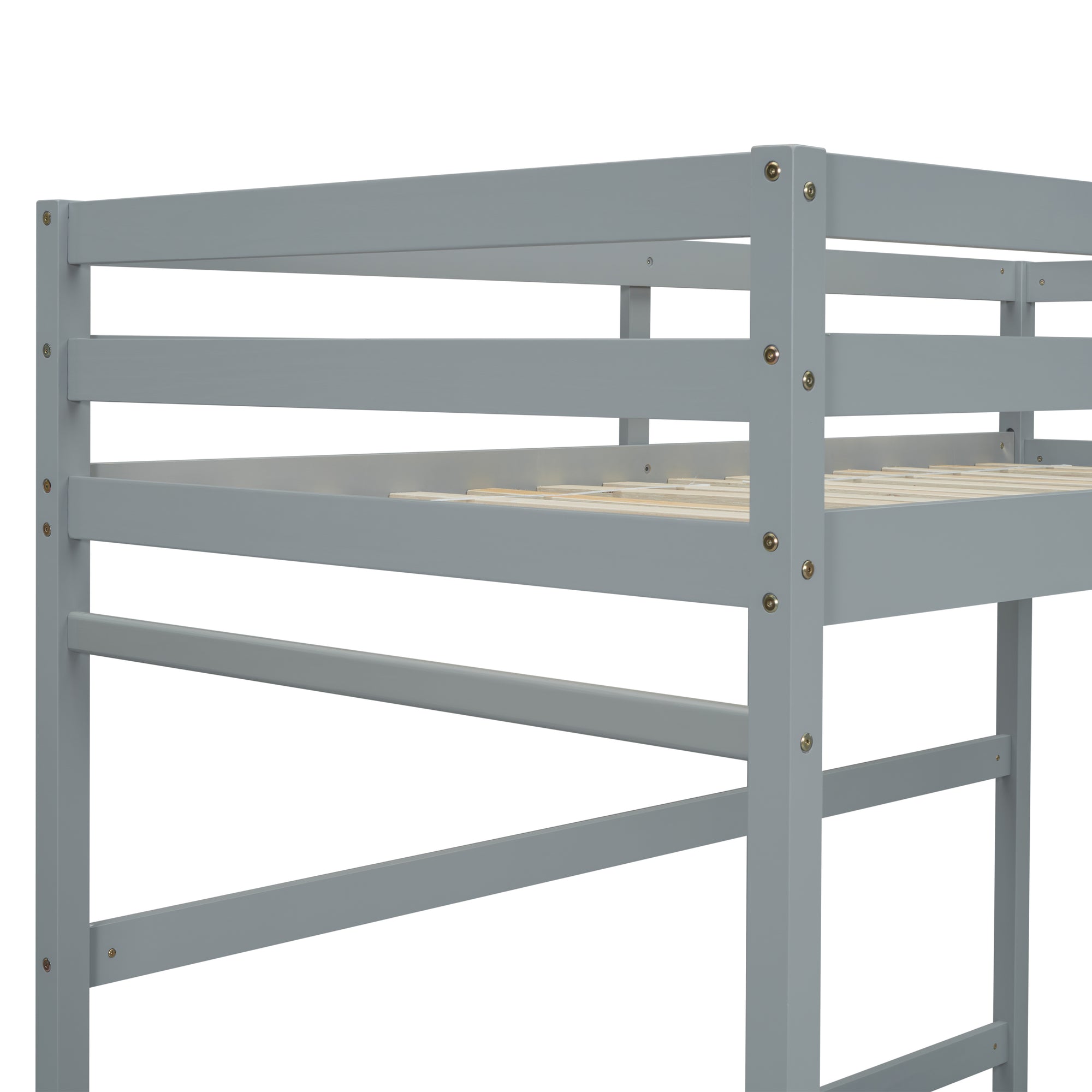 Gray Twin Size High Loft Bed with Inclined Ladder and Guardrails