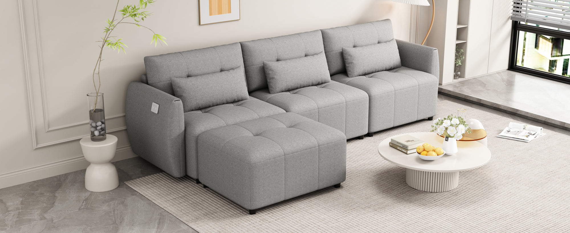 Khartoum Sectional Sofa with Movable Ottoman in Grey Chenille