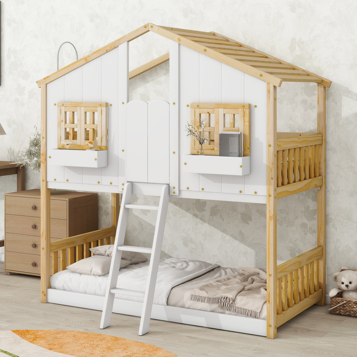 Twin Over Twin House Bunk Bed with Roof, Window, and Door in Natural and White Tones