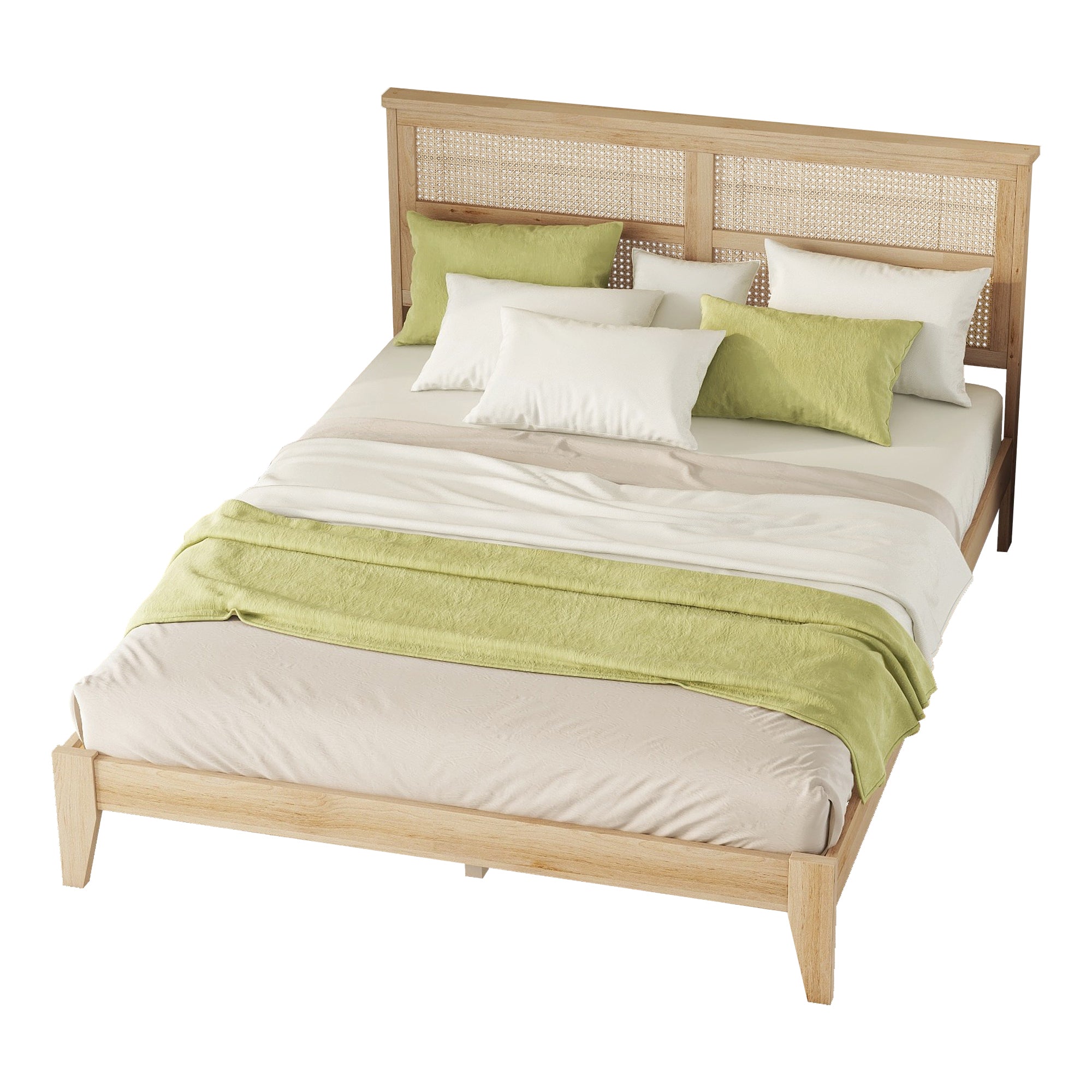 Premium Rubber Wood Queen Size Bed with Rattan Headboard