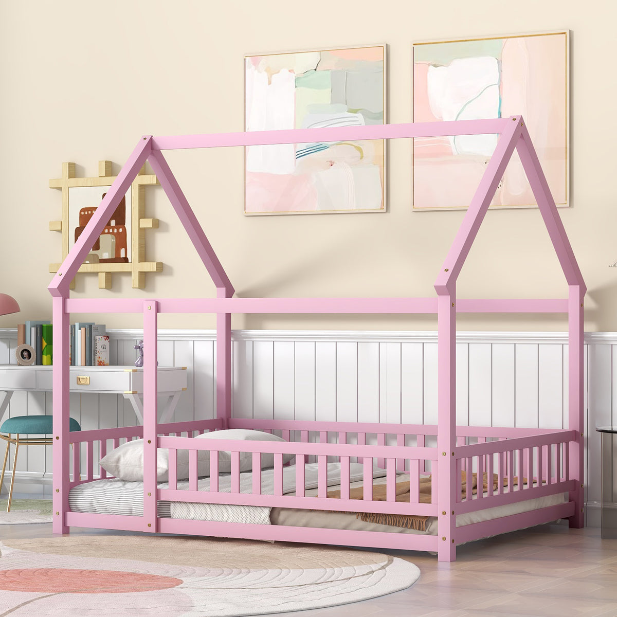 Pink Full-Size Toddler Floor Wooden Bed with House Roof Frame &amp; Fence Guardrails