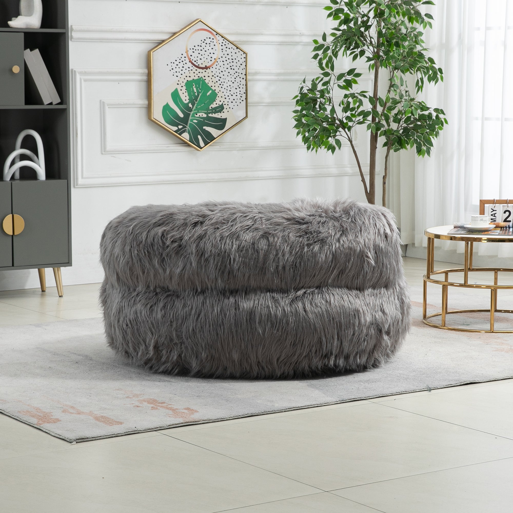 Shaggy Bean Bag Chair with Ottoman and Handle In Gray