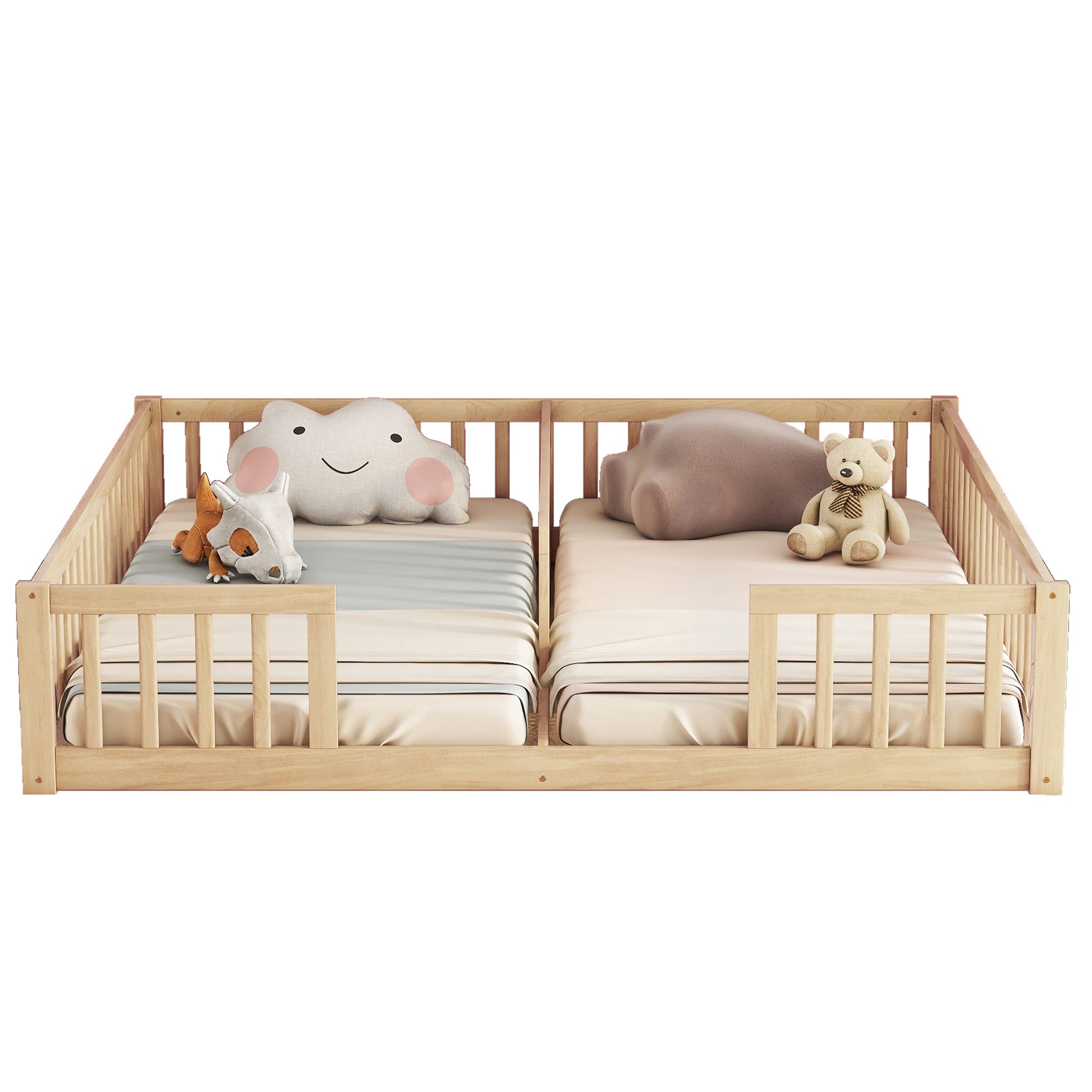 Double Twin Toddler Floor Bed with Fence and Guardrails in Natural Tones