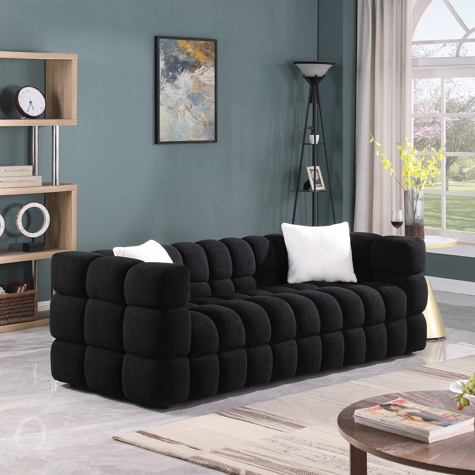 Black Boucle 5-Seater Marshmallow Loveseat Sofa