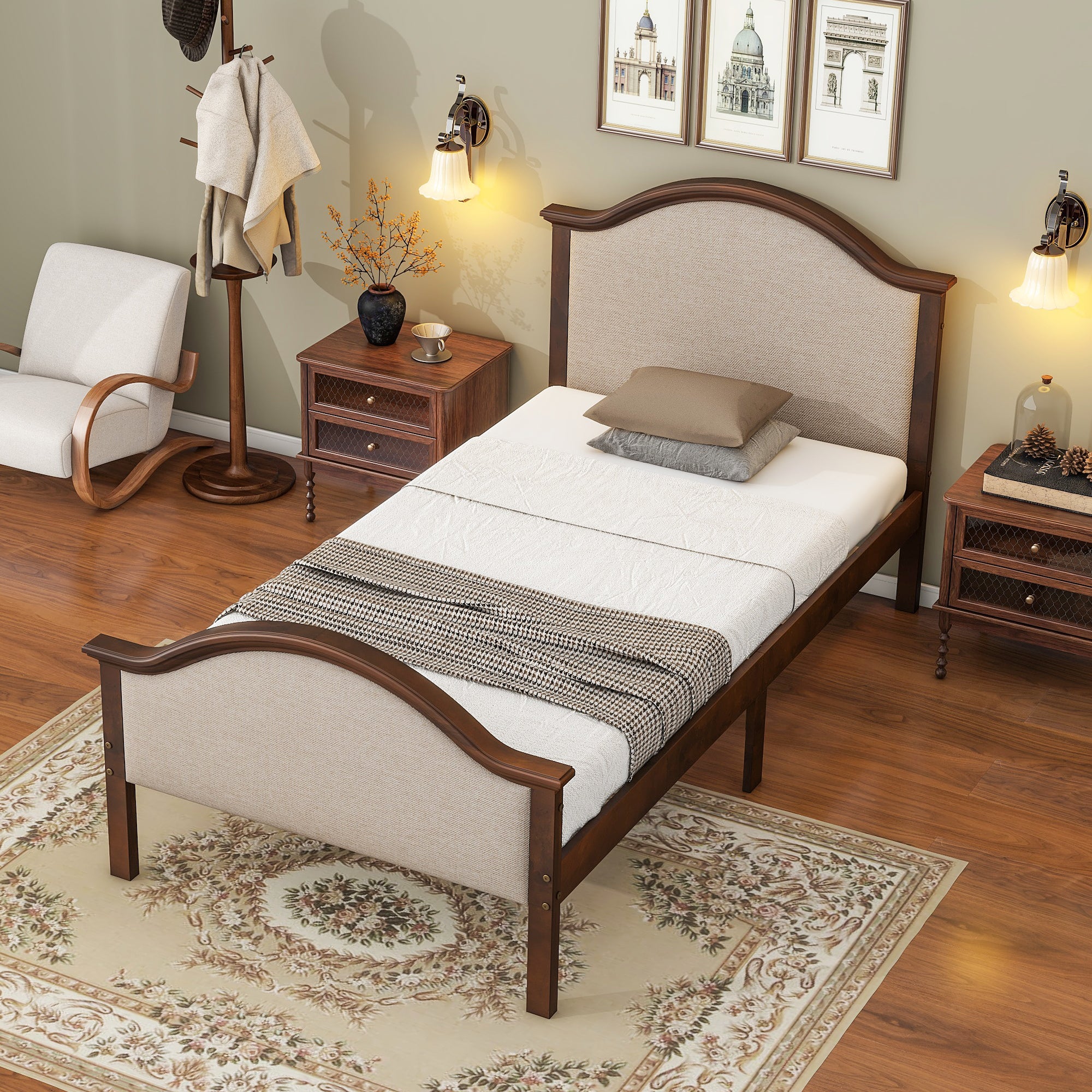 Walnut Finish Twin Size Bed Frame with Headboard and Footboard