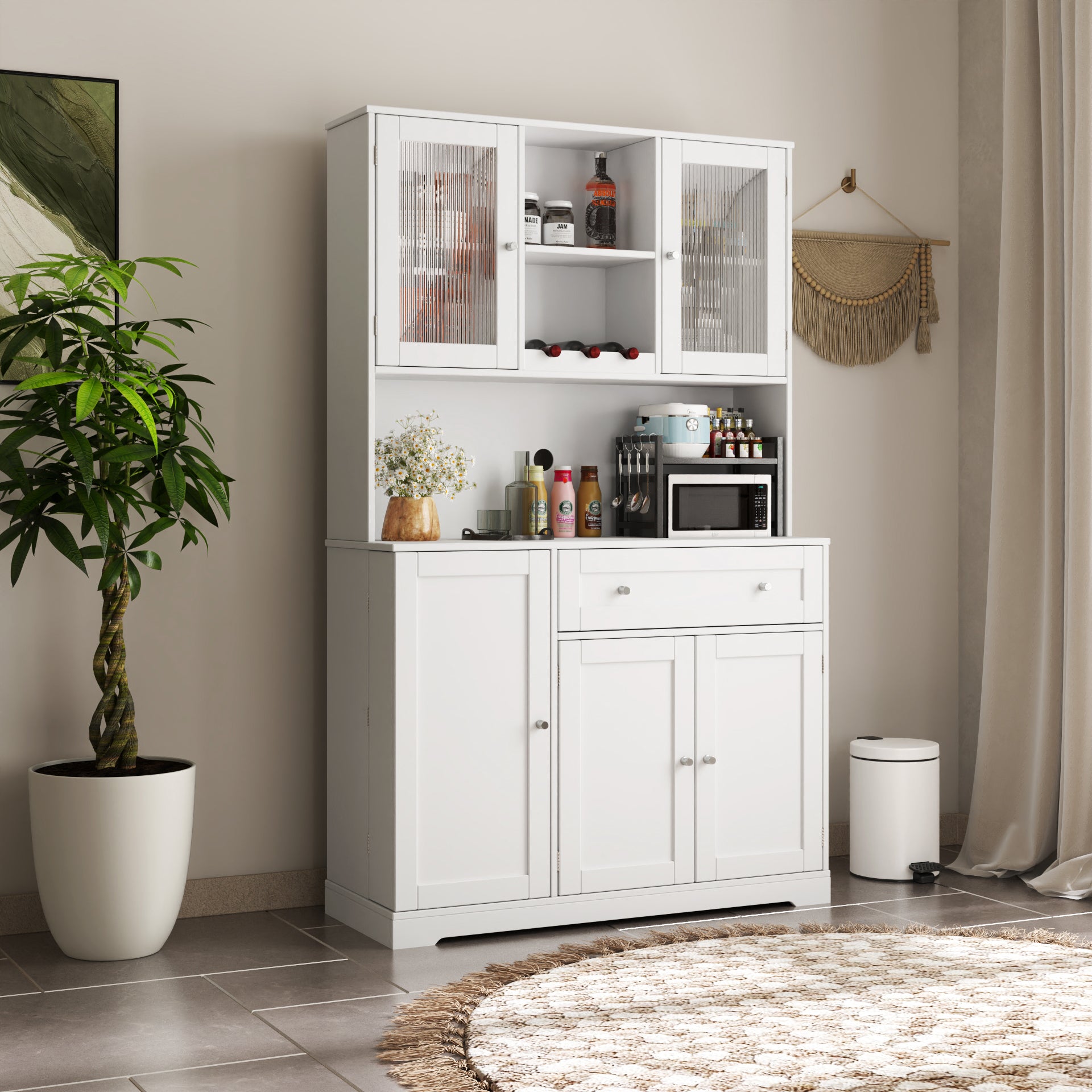 Large Kitchen Pantry Storage Cabinet with Wine Rack In White