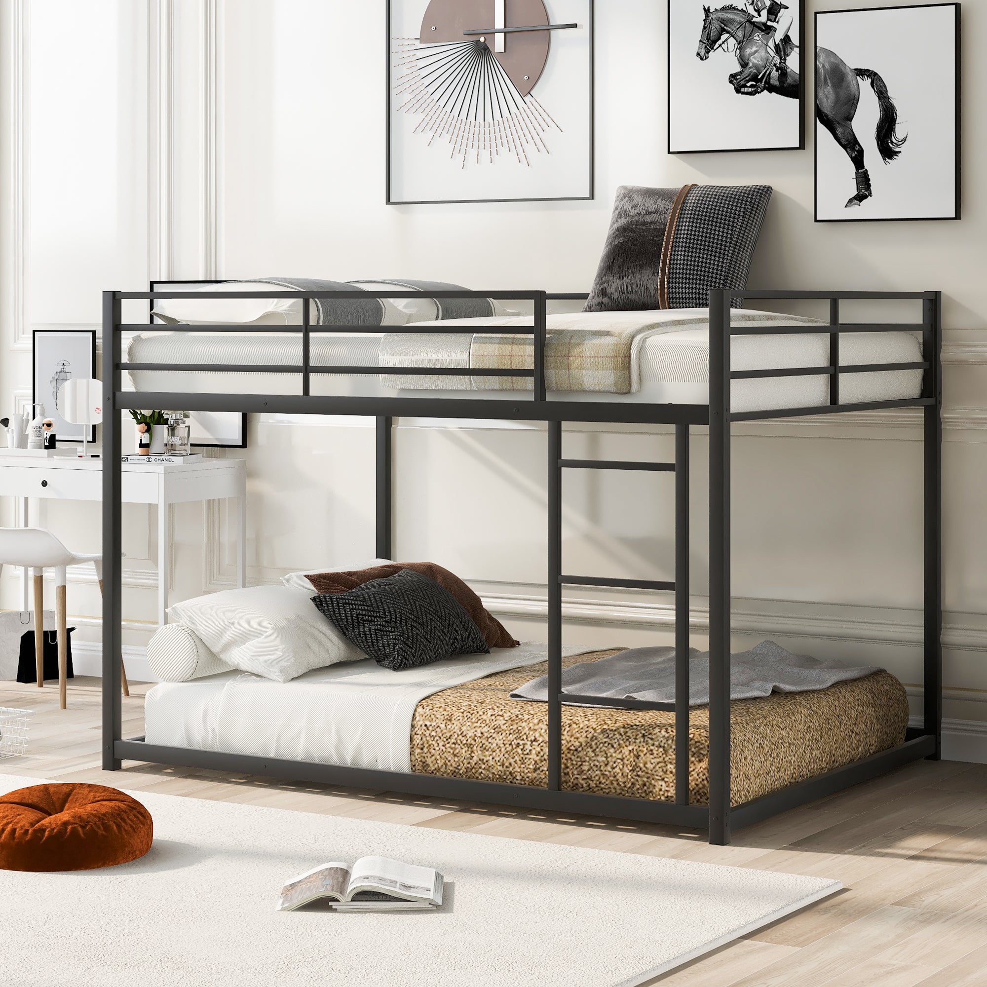 Full Over Full Metal Bunk Bed With Ladder Sturdy Design In Black