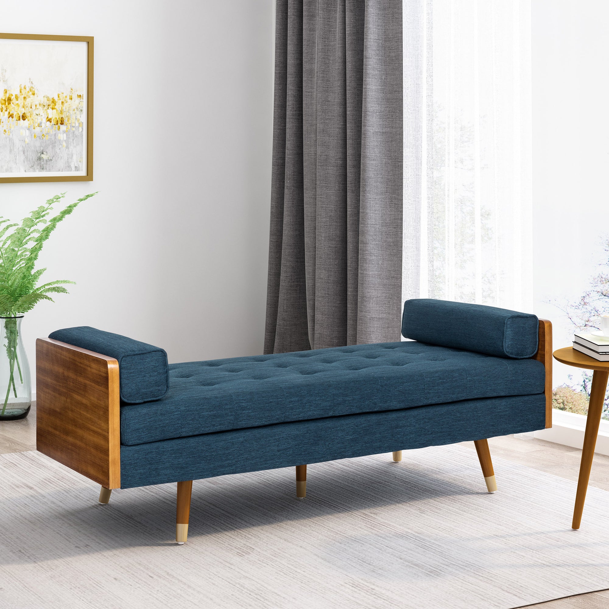 Navy Blue Mid-Century Modern Chaise Lounge with Button-Tufted Waffle Stitch