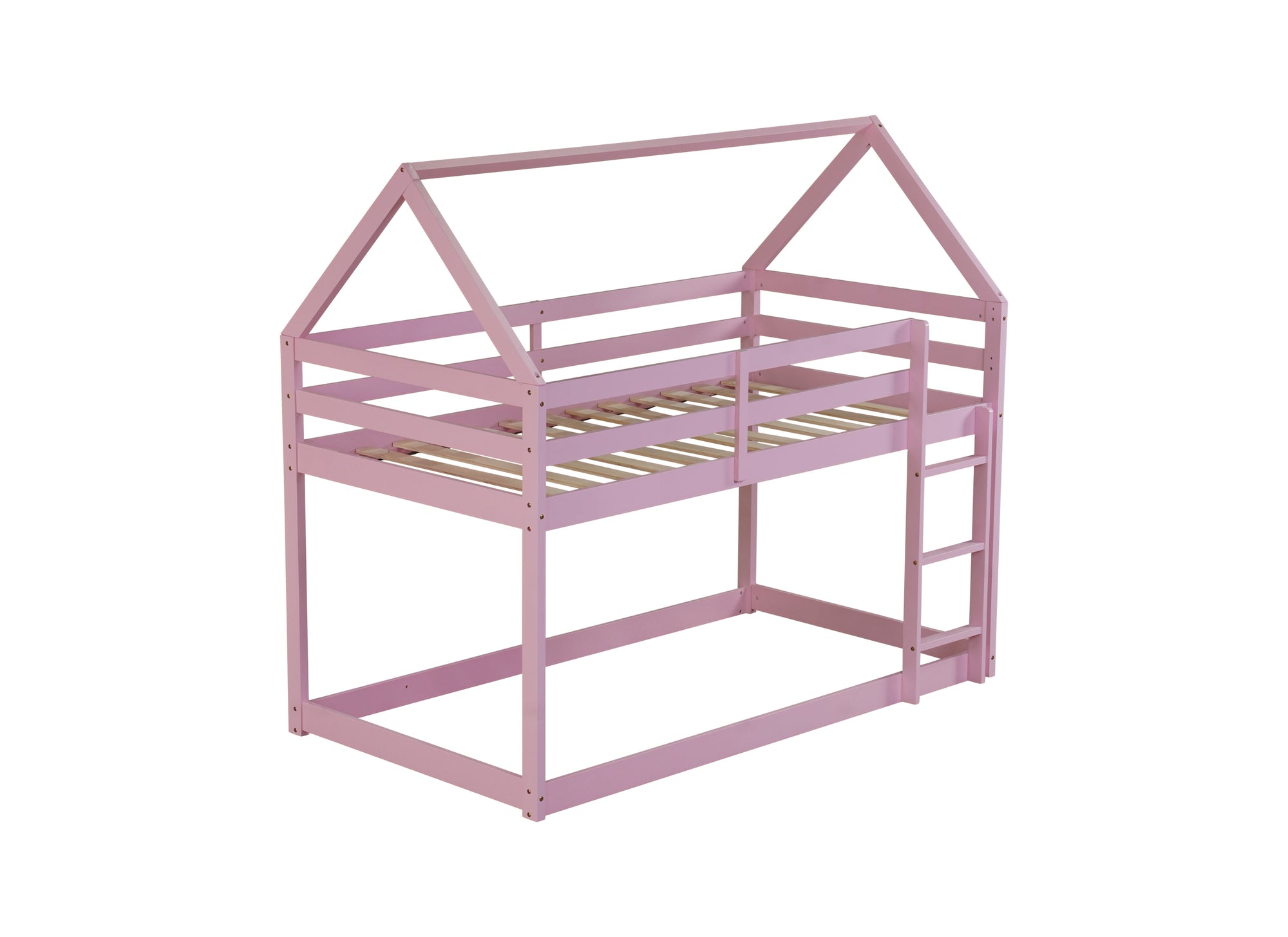 Twin Over Twin Pink House-Shaped Floor Bunk Bed with Ladder and Guardrails