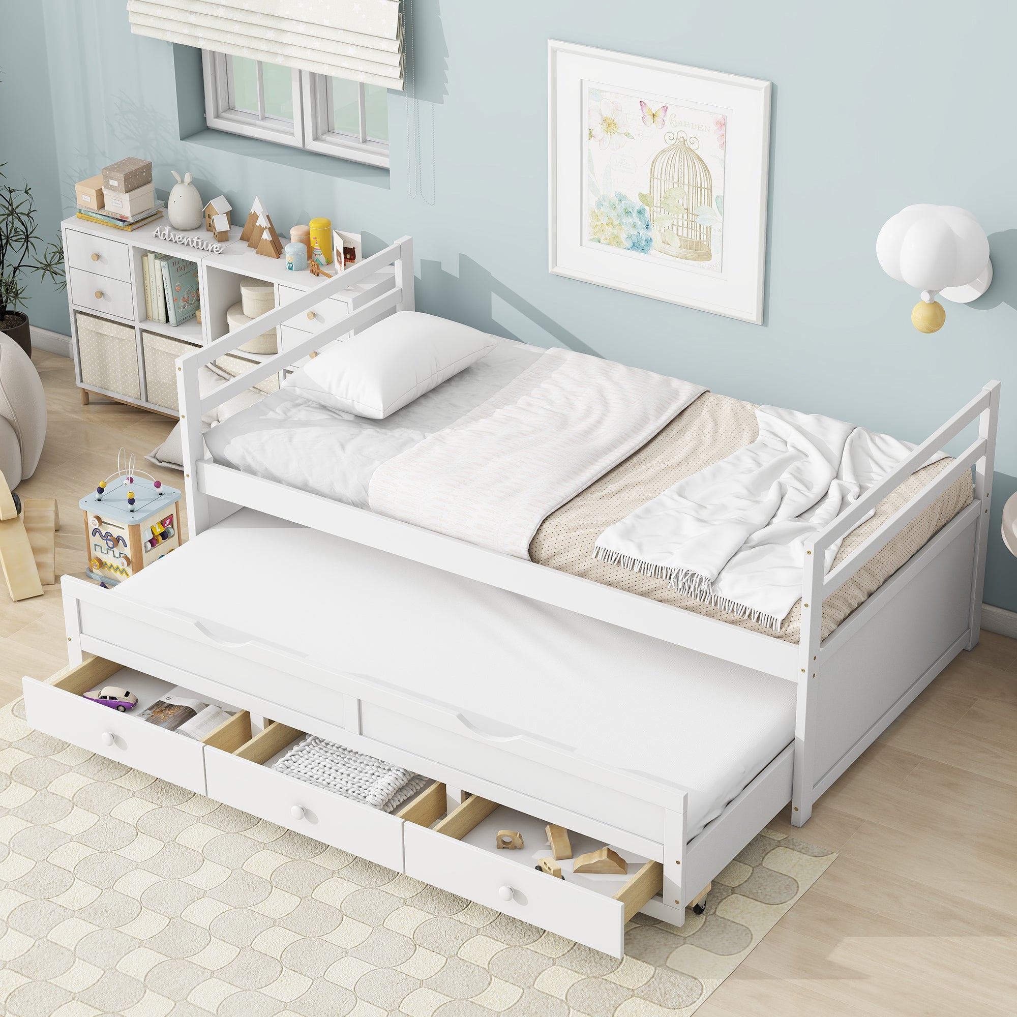 White Pine Twin Size Bed with Headboard, Footboard, Trundle, and Storage Drawers