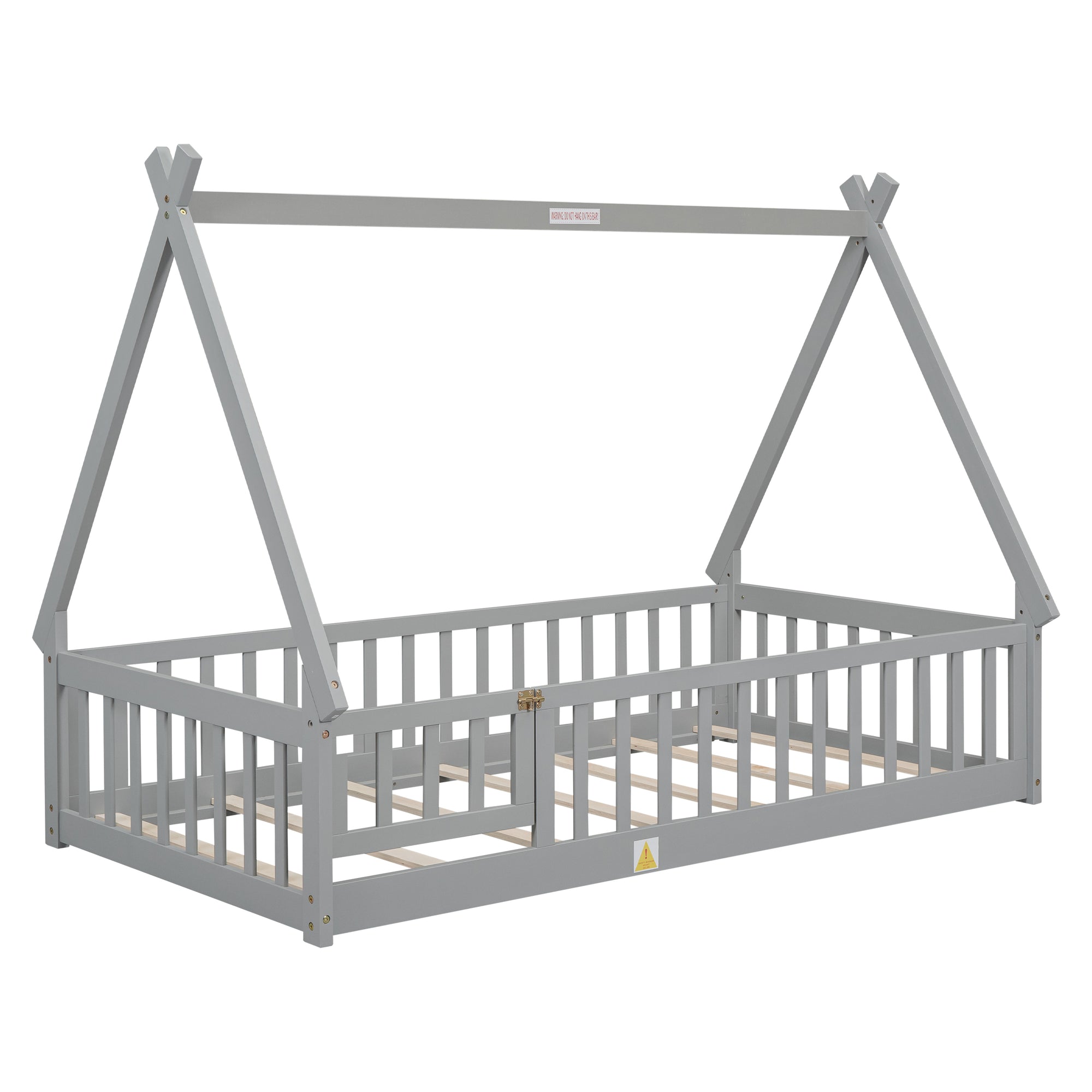 Gray Twin Tent-Shaped Toddler Floor Bed with Guardrails, Slats, and Door