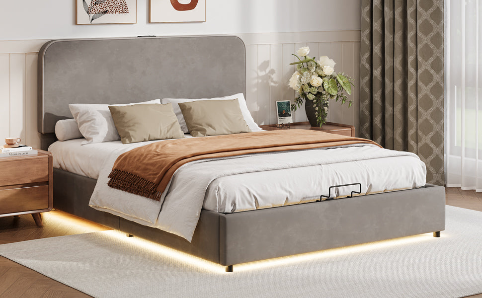 Gray Queen Hydraulic Storage Bed with LED Lights, Built-in Bluetooth Speaker, and USB Charging