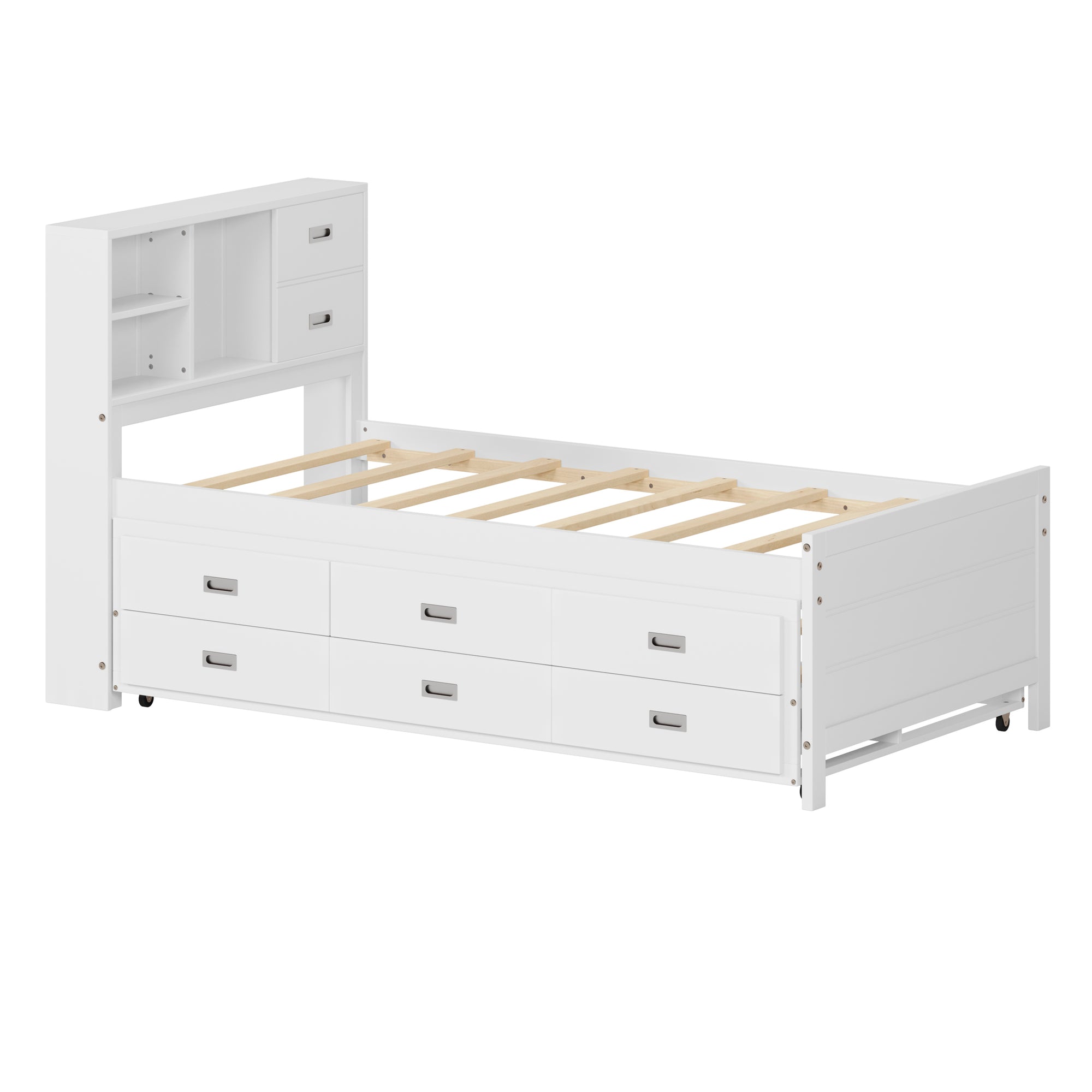 White Twin Platform Bed with Trundle, Drawers, and Storage Headboard