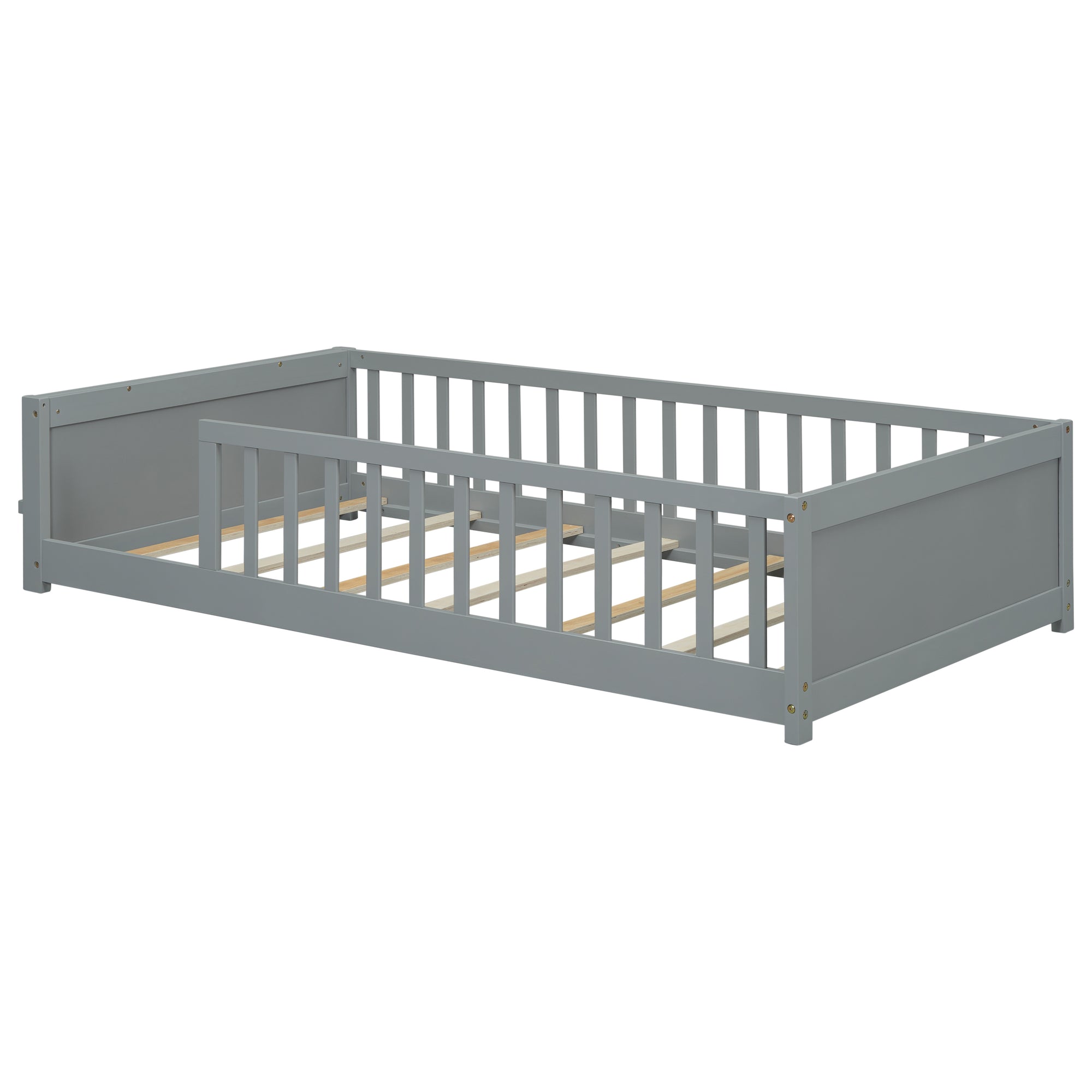 Gray Twin Toddler Floor Bed with Built-in Book Storage Rack