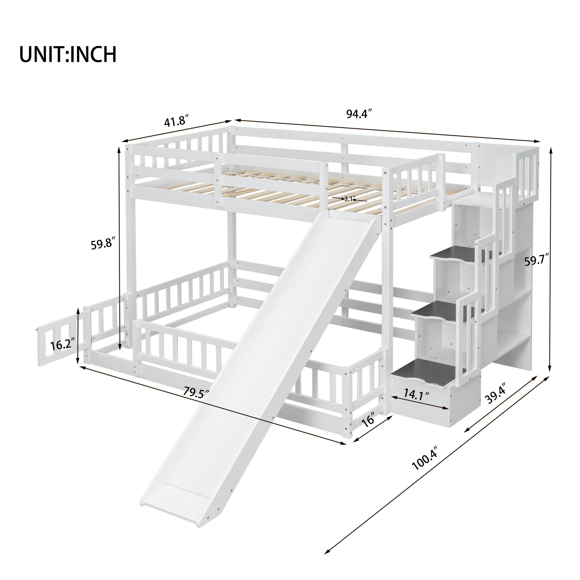 Solid Pine Wood Twin Over Full Bunk Bed with Slide and Storage Staircase