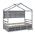 Gray Twin House Bed with Roof Frame, Bedside Shelves & Under-Bed Storage Unit