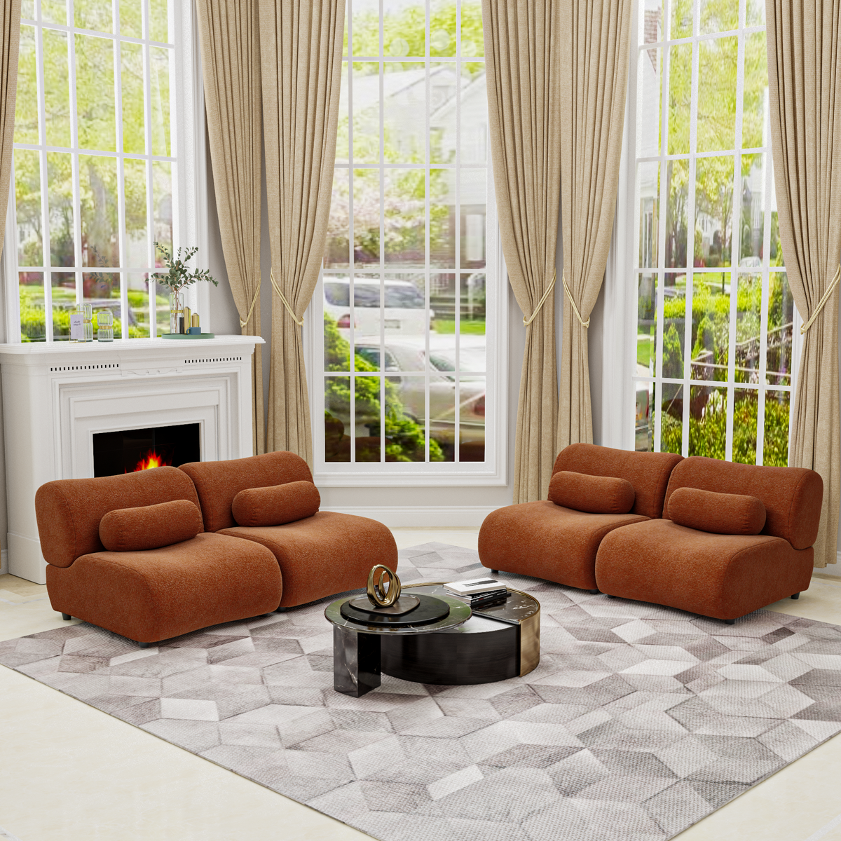 L-Shaped Orange Modular Sofa Set in High Comfort Chenille Fabric for Modern Living Room and Lounge Areas