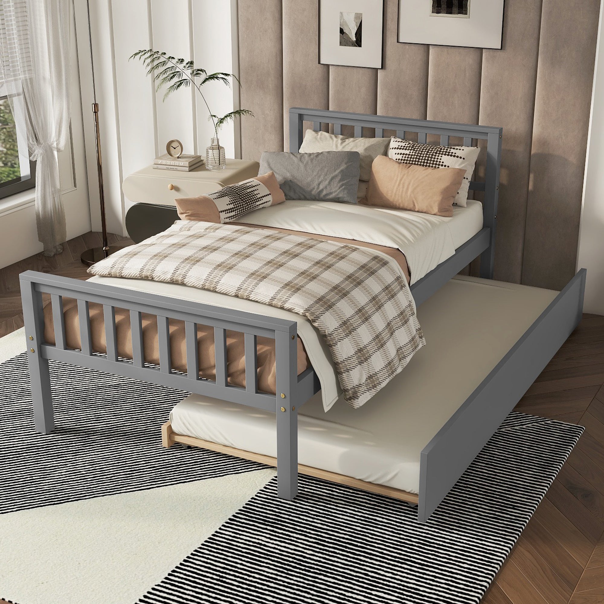 Gray Twin Platform Bed with Trundle, Headboard and Footboard