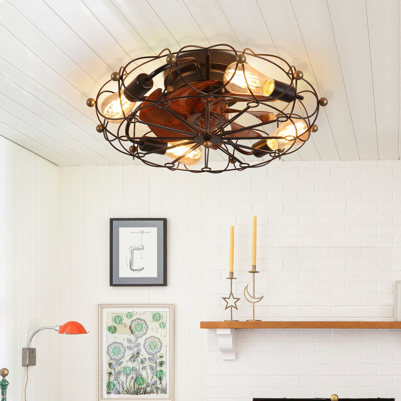 Browned Low Profile Caged Ceiling Fan with Lights and Remote Control