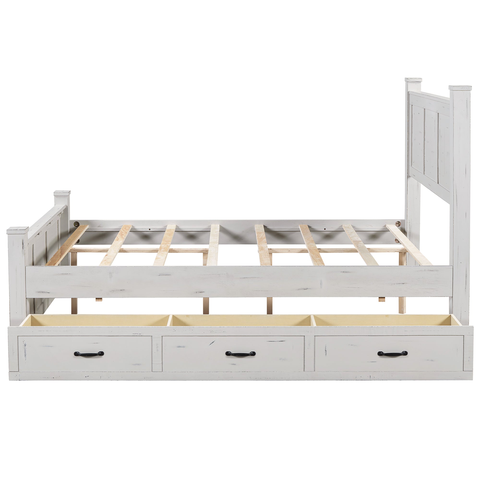 Ancient White Queen Size Farmhouse Bed Frame with Storage Drawers