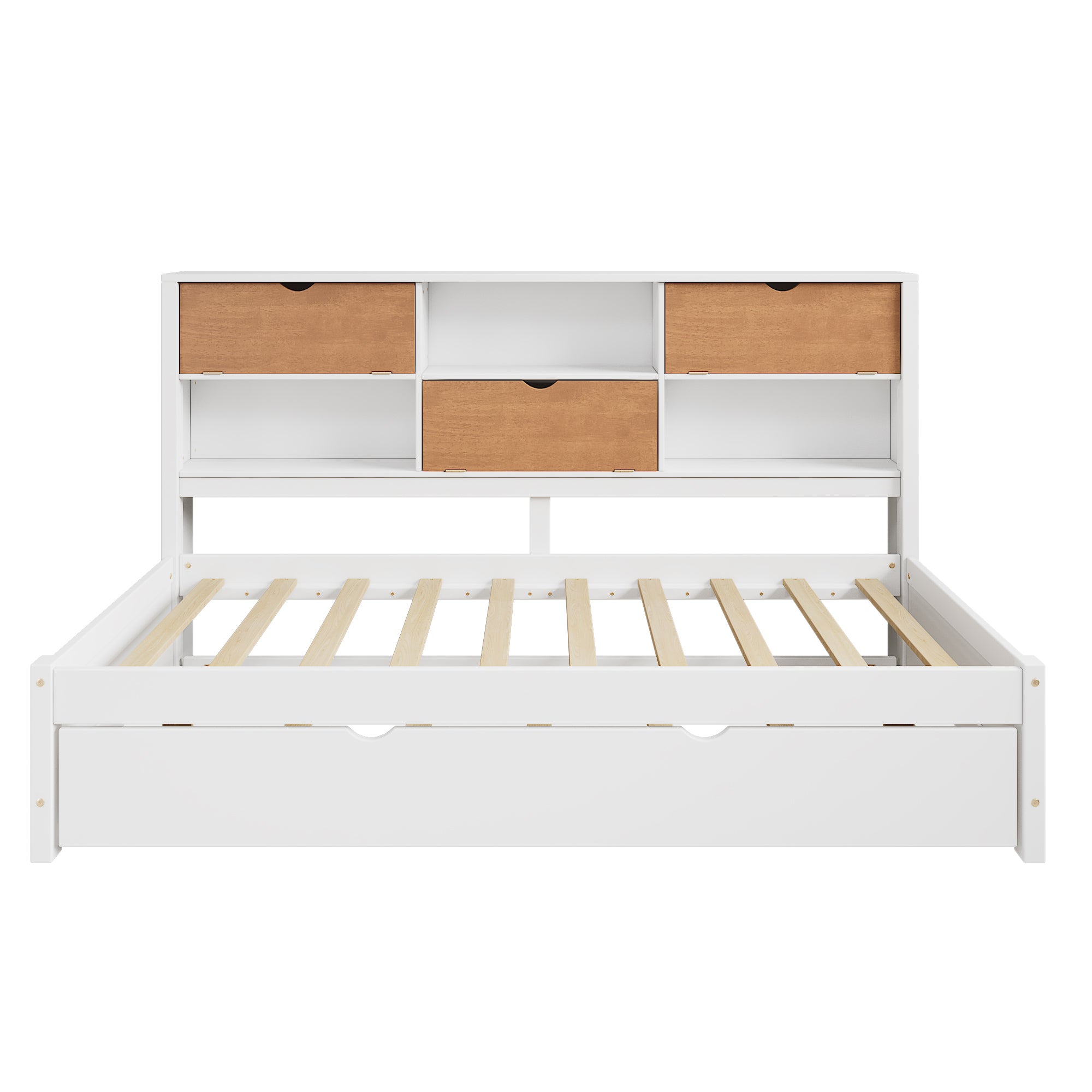 White & Walnut Twin Modern Daybed with Storage Cabinets and Trundle