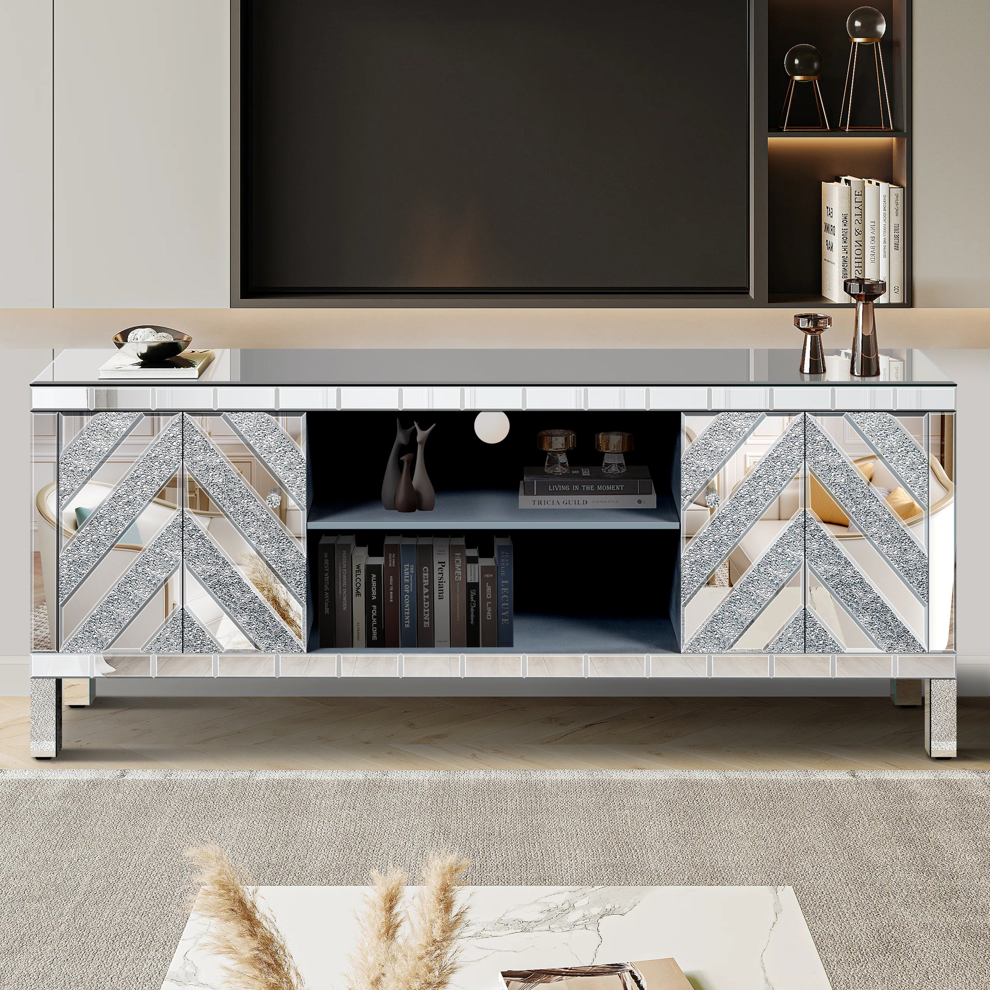 Mirrored TV Stand for 65 Inch TV with Open Storage and 2 Cabinets In Silver