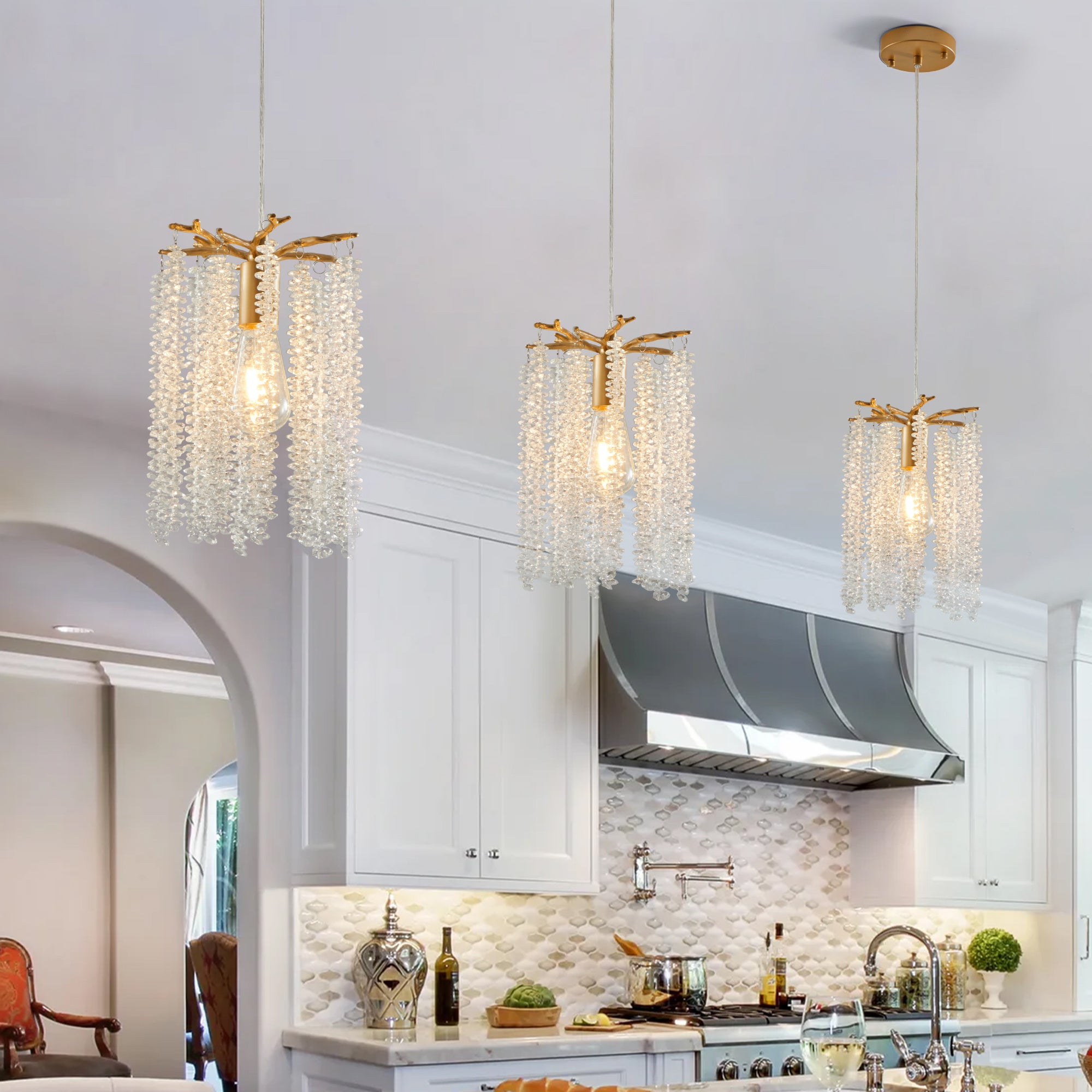 Aestin's Elegant Gold Finish Chandeliers with Waterfall Bead Design