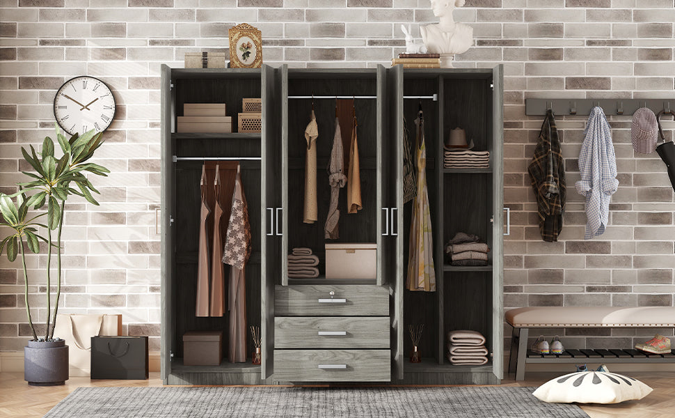 6-Doors Wooden Wardrobe Storage for Bedroom with Big Drawers In Gray