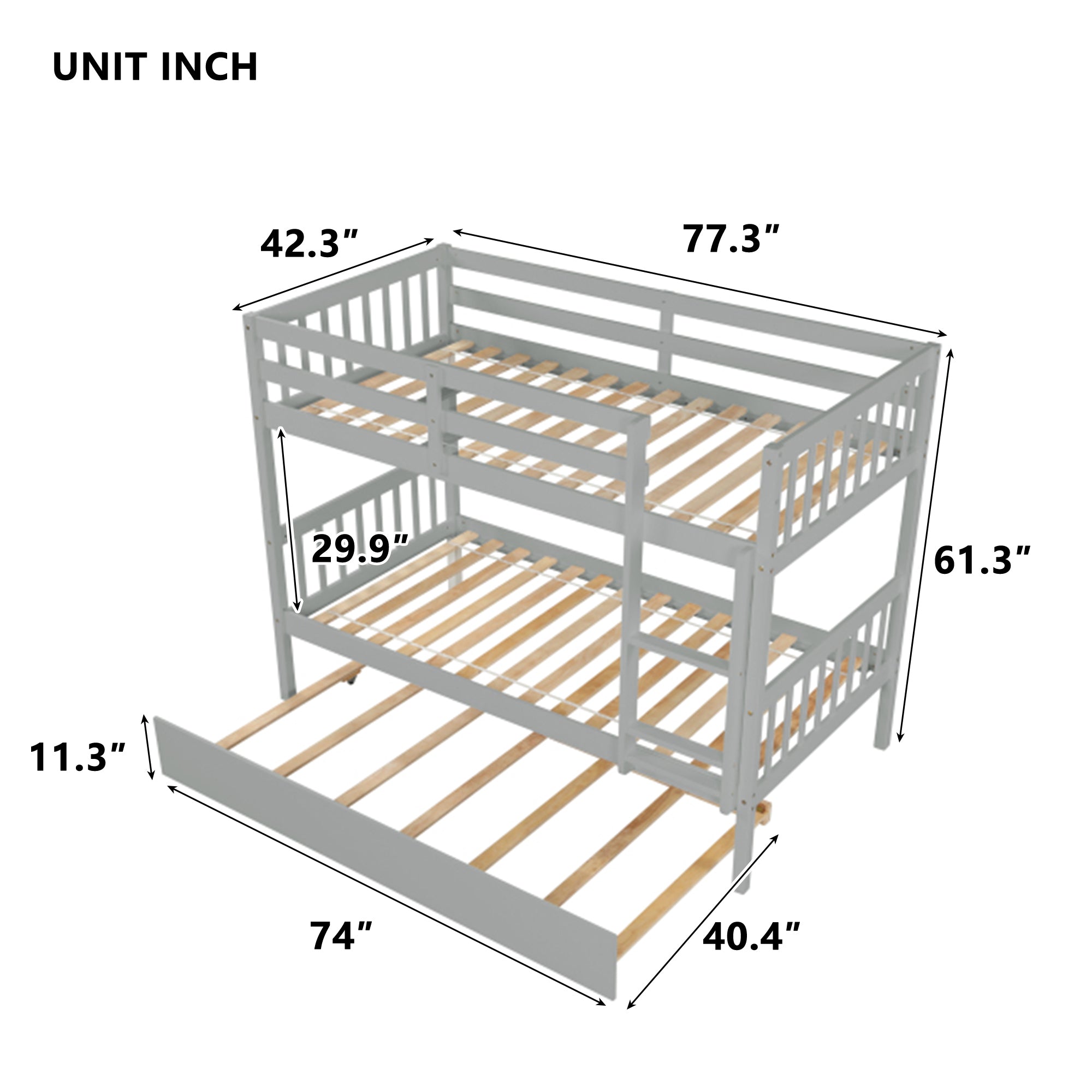 Gray Twin Over Twin Rubber Wood Bunk Bed with Trundle – Convertible Design