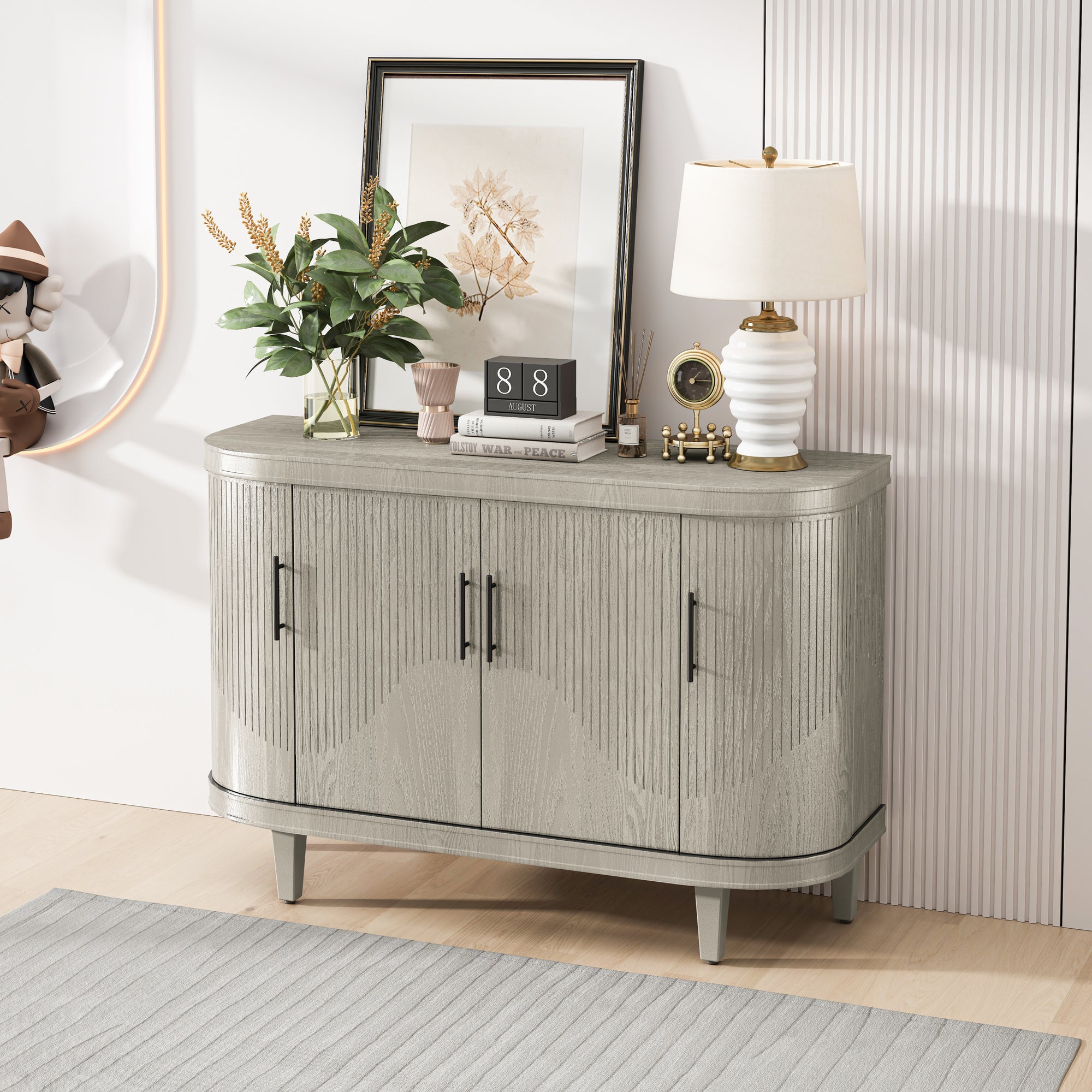 Modern Curved Sideboard 47.2 Inch Wooden Storage Cabinet with 4 Doors Adjustable Shelves for Living Room Kitchen Bedroom Hallway In Champagne