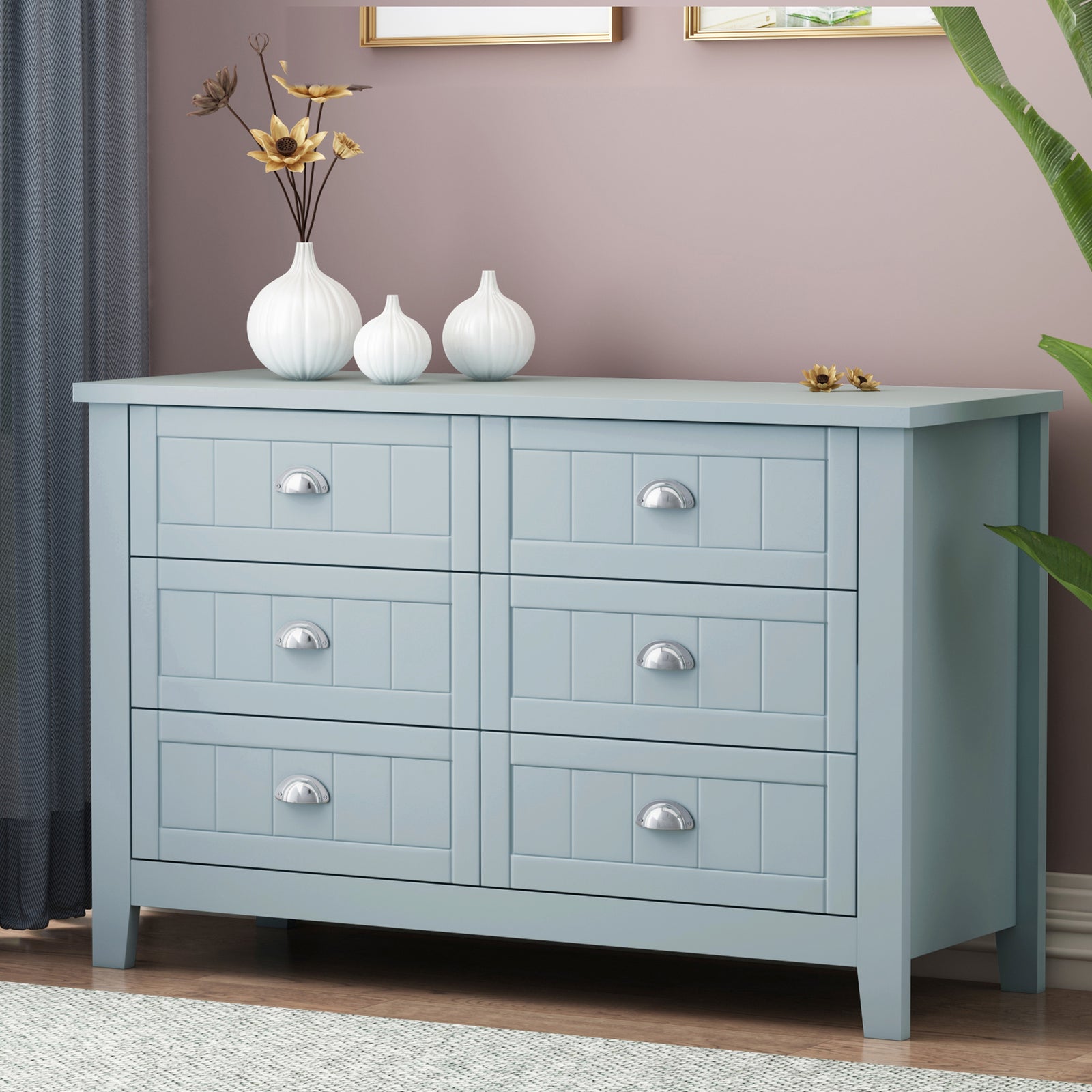 50" Grayish Blue Solid Wood Drawer Dresser Cabinet