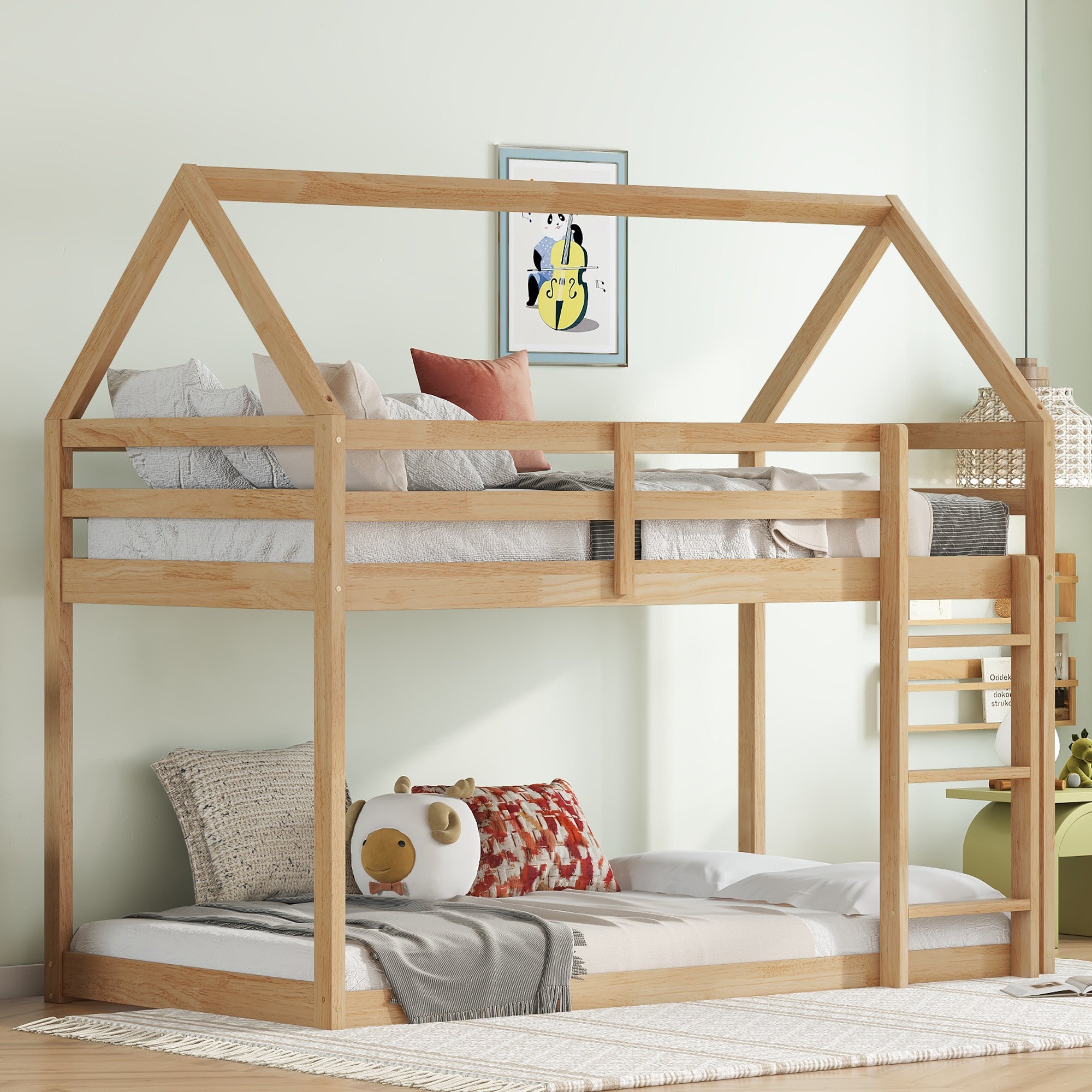 White Oak Twin Over Twin Rubber Wood House-Shaped Bunk Bed with Ladder & Guardrails