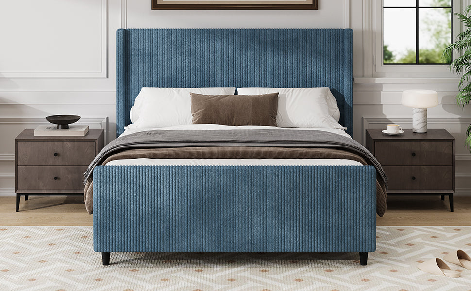 Modern Queen Size Corduroy Upholstered Platform Bed Frame With High Headboard