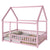 Pink Full-Size Toddler Floor Wooden Bed with House Roof Frame & Fence Guardrails