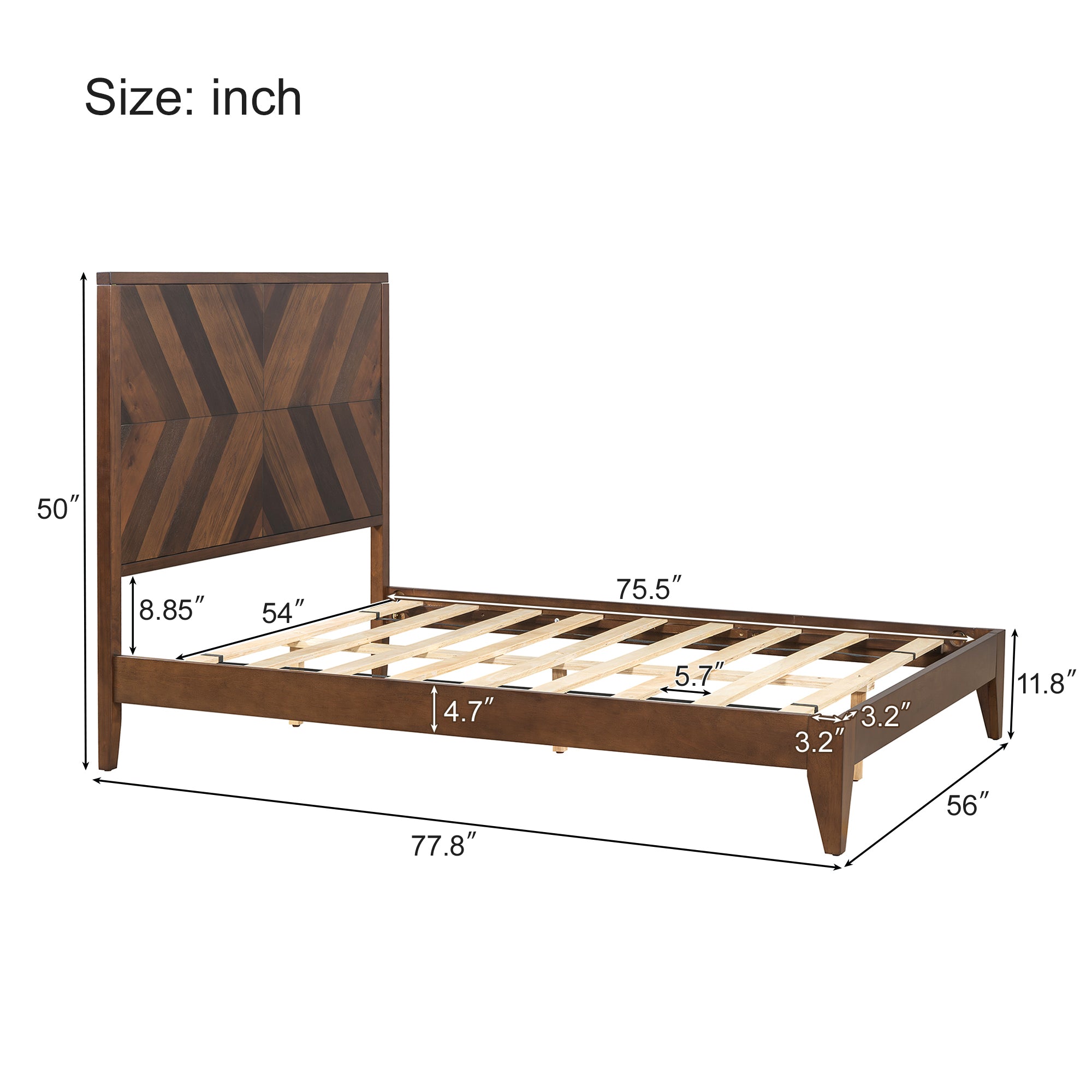 Walnut Mid-Century Modern Full Wood Bed Frame