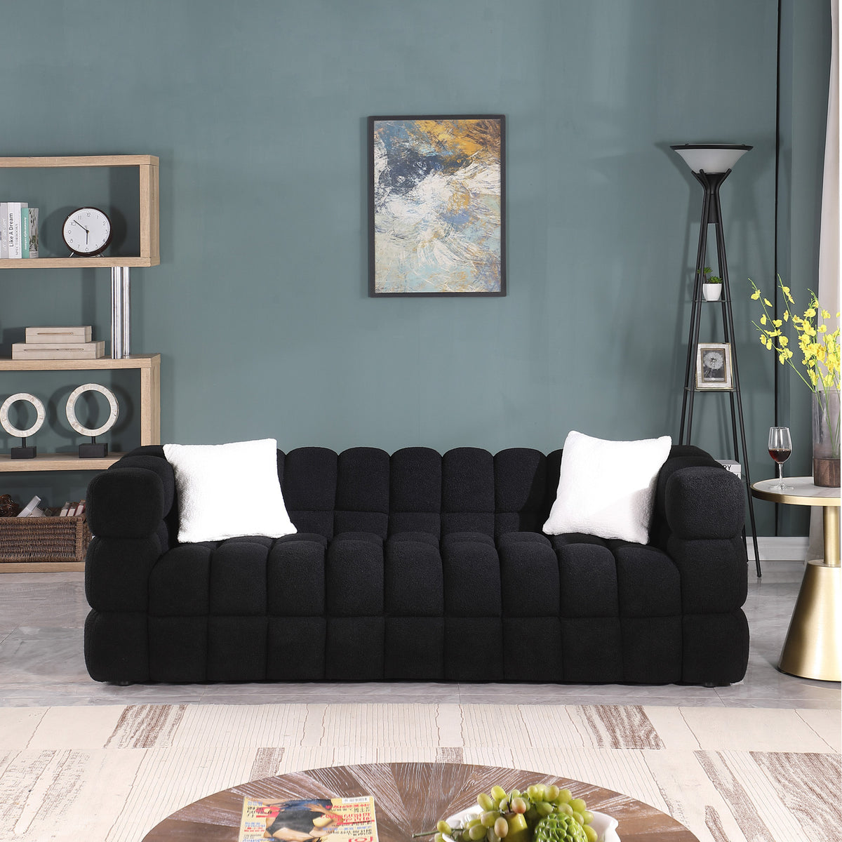 Black Boucle 5-Seater Marshmallow Loveseat Sofa