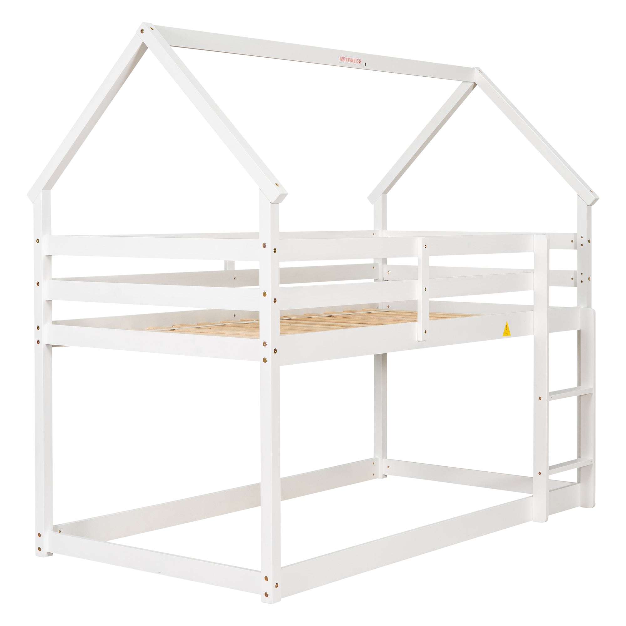 White Twin over Twin Loft Bed with Roof Design, Safety Guardrail, and Ladder