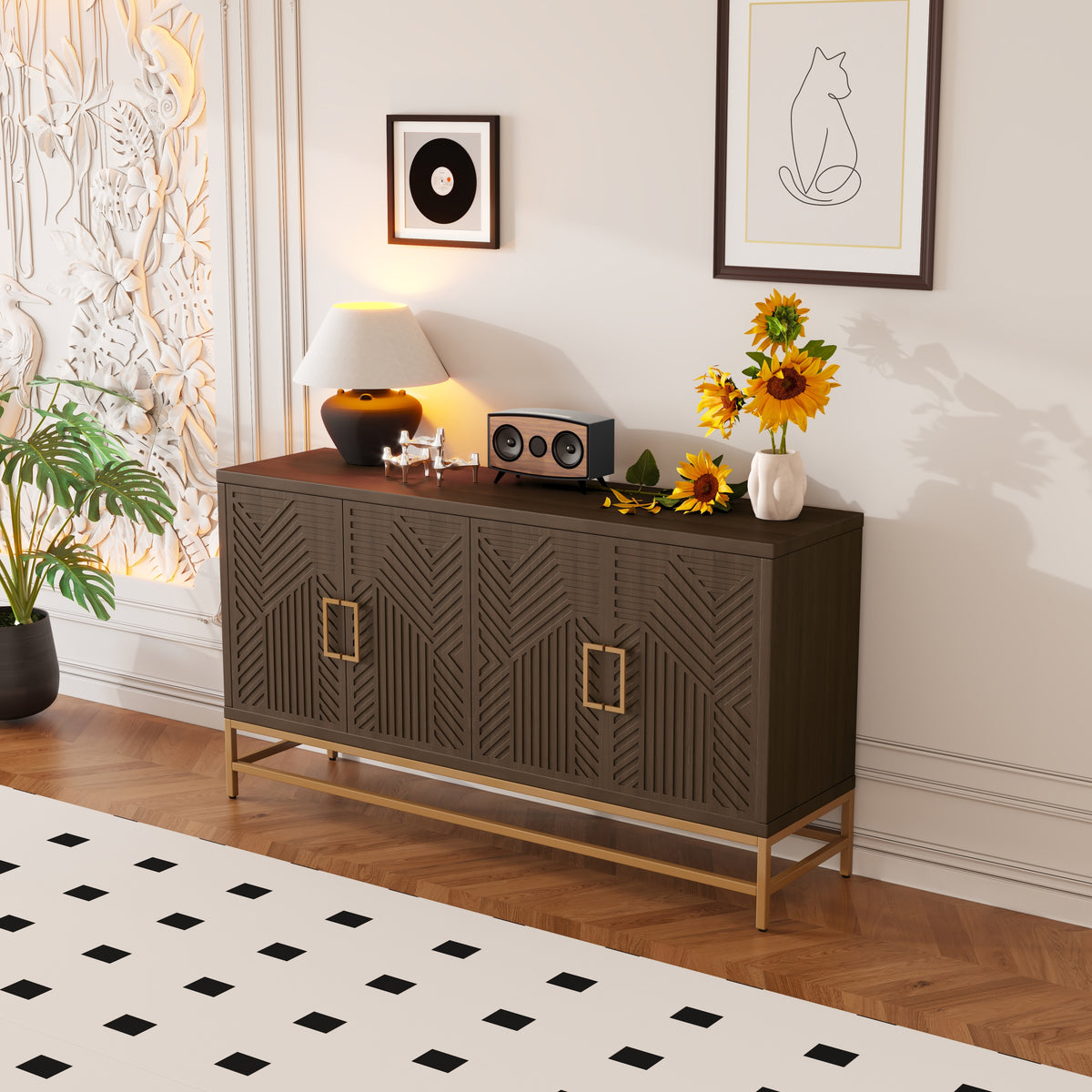 Sideboard Buffet Cabinet with Storage and Adjustable Shelves for Kitchen and Living Room In Espresso