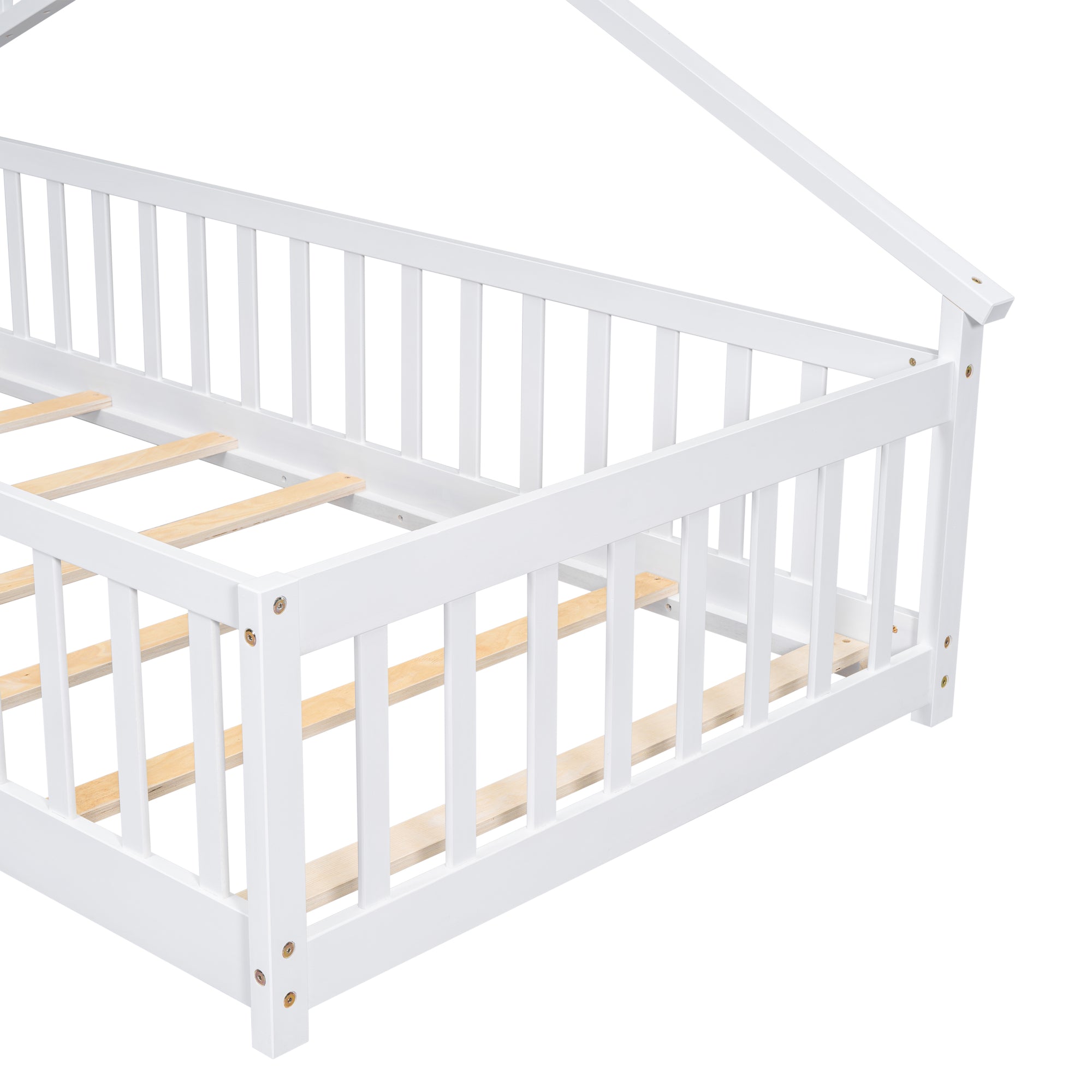 Twin House-Shaped Bedside Toddler Floor Bed with Guardrails, Slats & Door