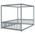 Full Size Canopy Frame Floor Bed with Fence and Guardrails in Gray