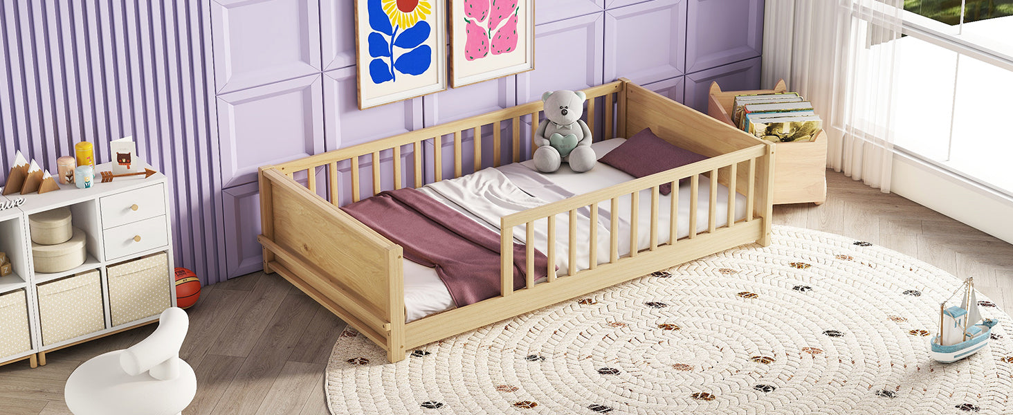 Natural Finish Twin Toddler Floor Bed with Built-in Book Storage Rack