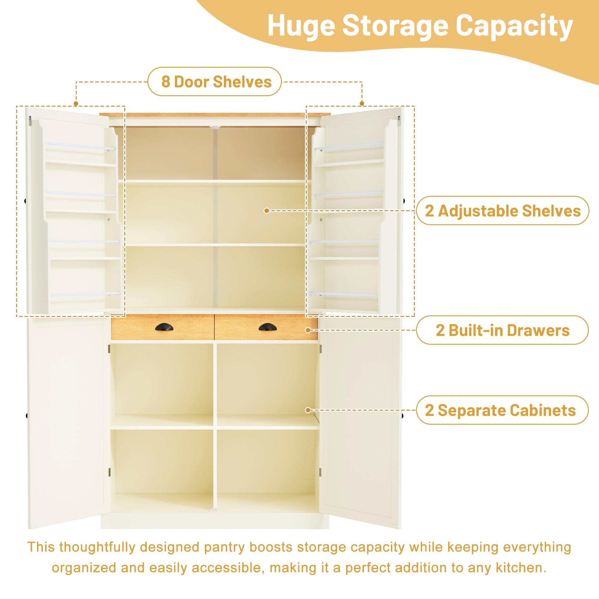 High Freestanding Kitchen Pantry With 2 Drawers Adjustable Shelves 8 Door Shelves Durable MDF In Cream